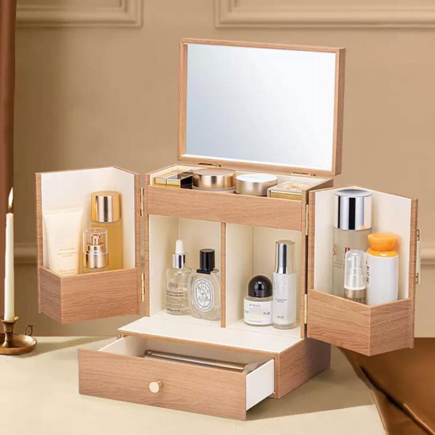 Cosmetic Organizer Luxury Makeup Organiser Storage Box Cabinet with Mirror and Drawer, Cosmetic Organizer MDF, Skincare Beauty Caddy for Dresser & Bathroom, Dust-Proof Waterproof(Green)