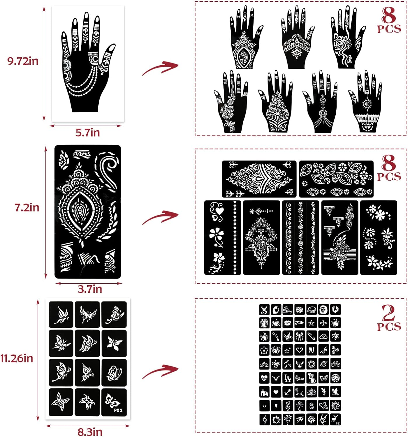 Koogel 18 Sheets Henna Tattoo Stencils, Temporary Flower Patterns Glitter Airbrush Tattoo Kits Arabian Stickers for Women and Girls Face Hand Paint Body Art image number 2