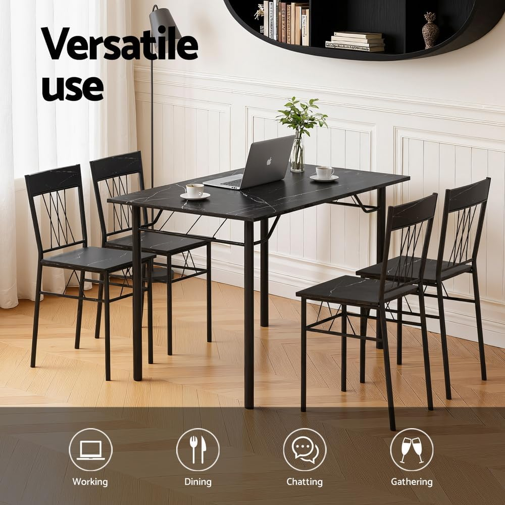 Artiss 5PC Modern Dining Table Set for 4, Black Marble Look Kitchen Table and Chairs, Compact Metal Frame Breakfast Nook Furniture for Small Apartment Home image number 3