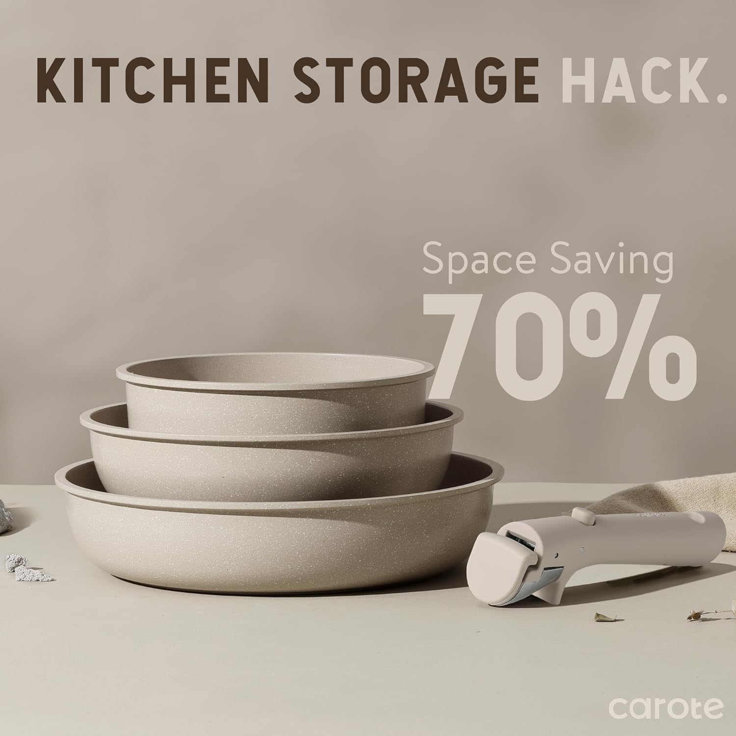 CAROTE 19Pcs Pots and Pans Set Non Stick, Nonstick Cookware Set Detachable Handle, Induction Kitchen Cooking Sets with Removable Handle, RV Kitchen, Oven Safe, Taupe image number 4