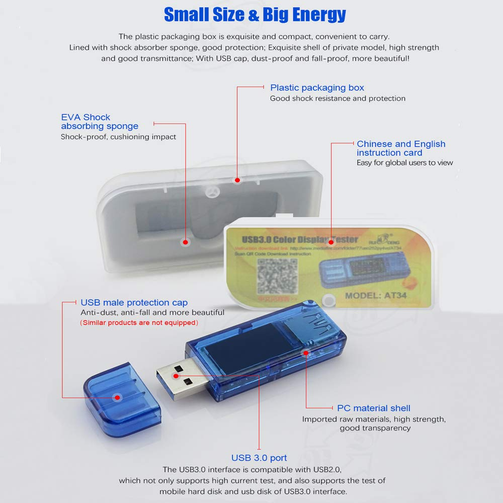 AT34 USB 3.0 Tester, USB Power Meter, 3.7-30V 0-4A Voltage Tester Multimeter, USB Current Meter Tester, IPS Color Display Voltmeter Ammeter, USB Charger Tester image number 5