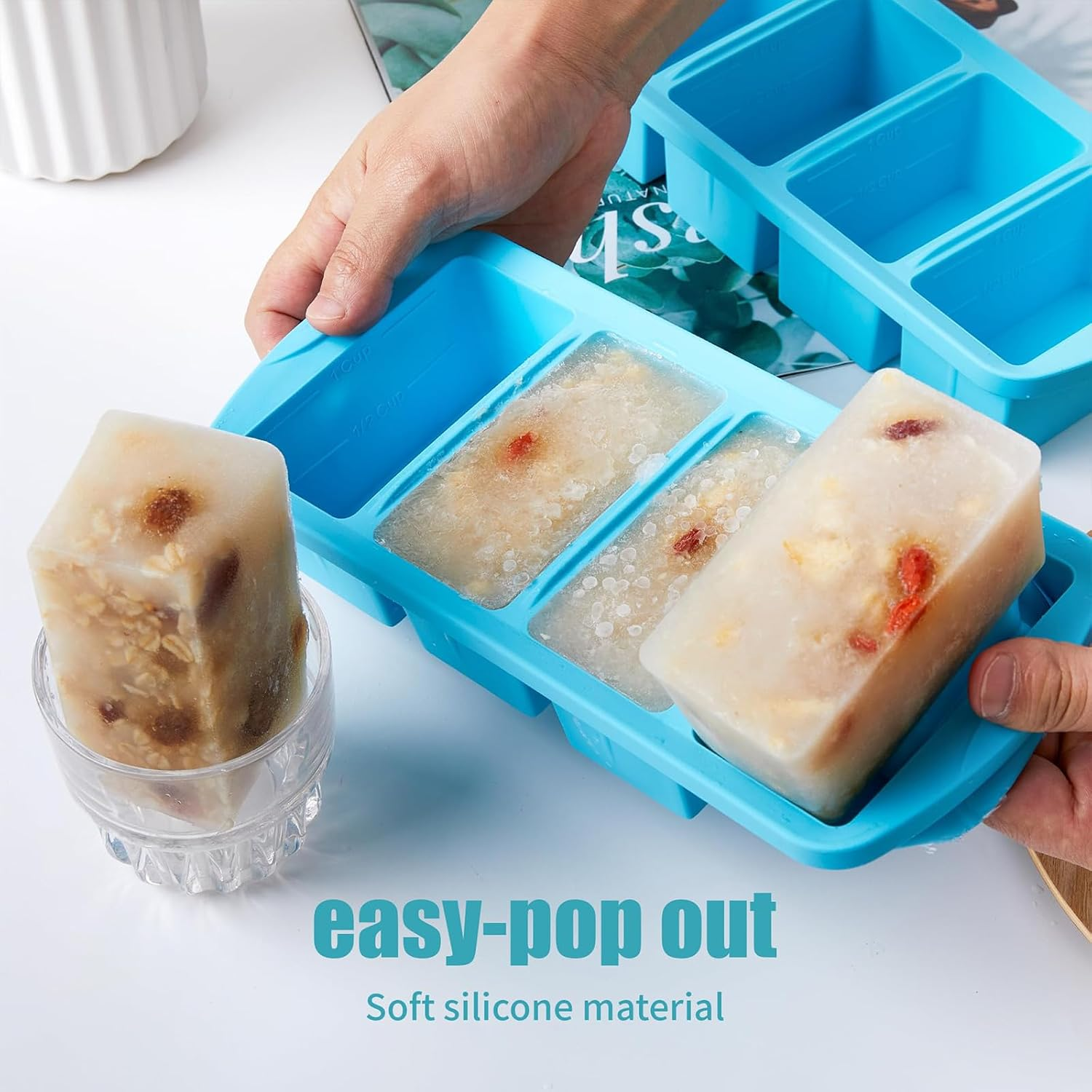 2 Pack Silicone Freezer Tray with Lid, Soup Freezer Container Molds, Large Ice Cube Tray - Makes 8 Perfect 250Ml Portions Cubes for Freezing Soup, Stews & Sauces, Oven&Dishwasher-Safe image number 3