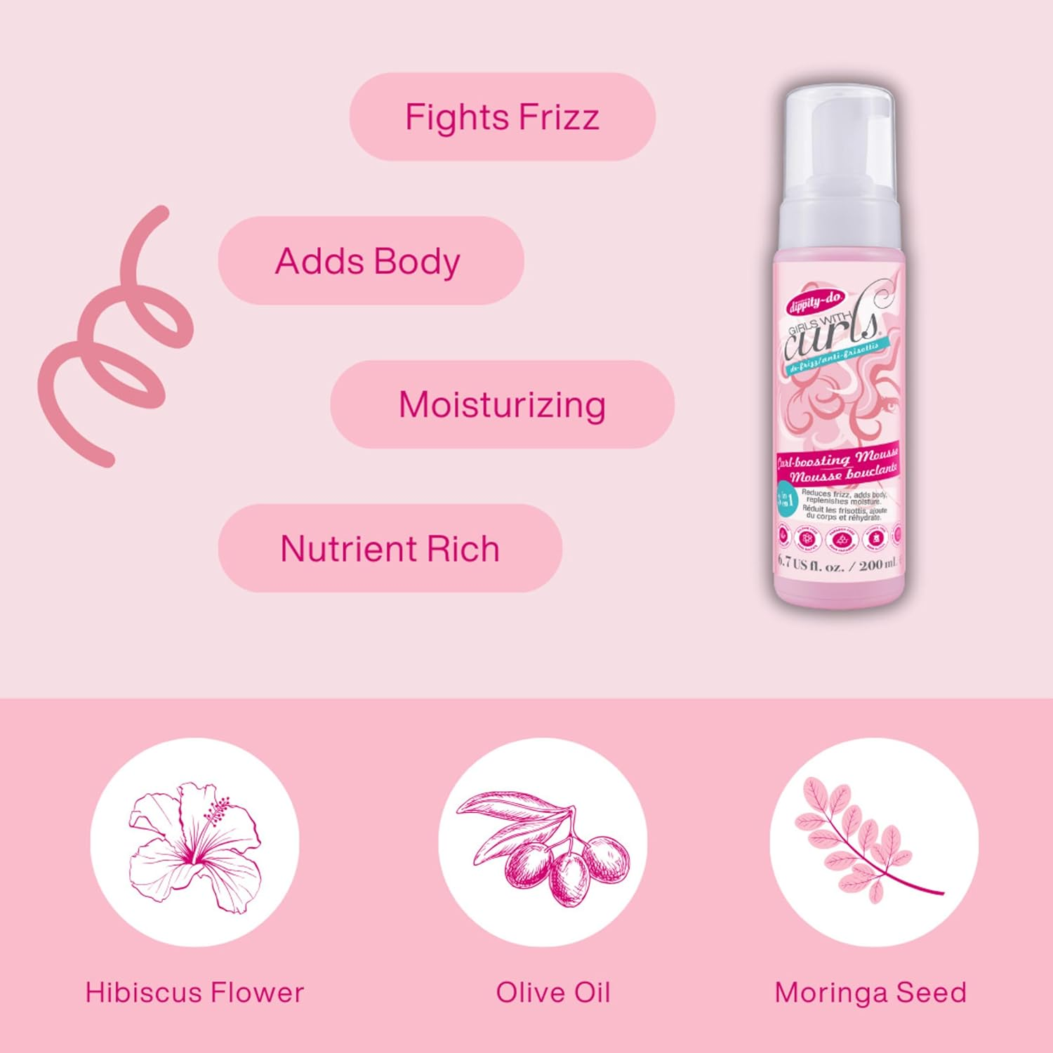 Dippity Do Girls with Curls Curl Enhancing Mousse - Lightweight 3-In-1 Defining Mousse for Curly and Wavy Hair - Hibiscus and Olive Oil for Frizz Free and Bouncy Curls - 200 Ml/6.7 Fl Oz - 2 Pack image number 2