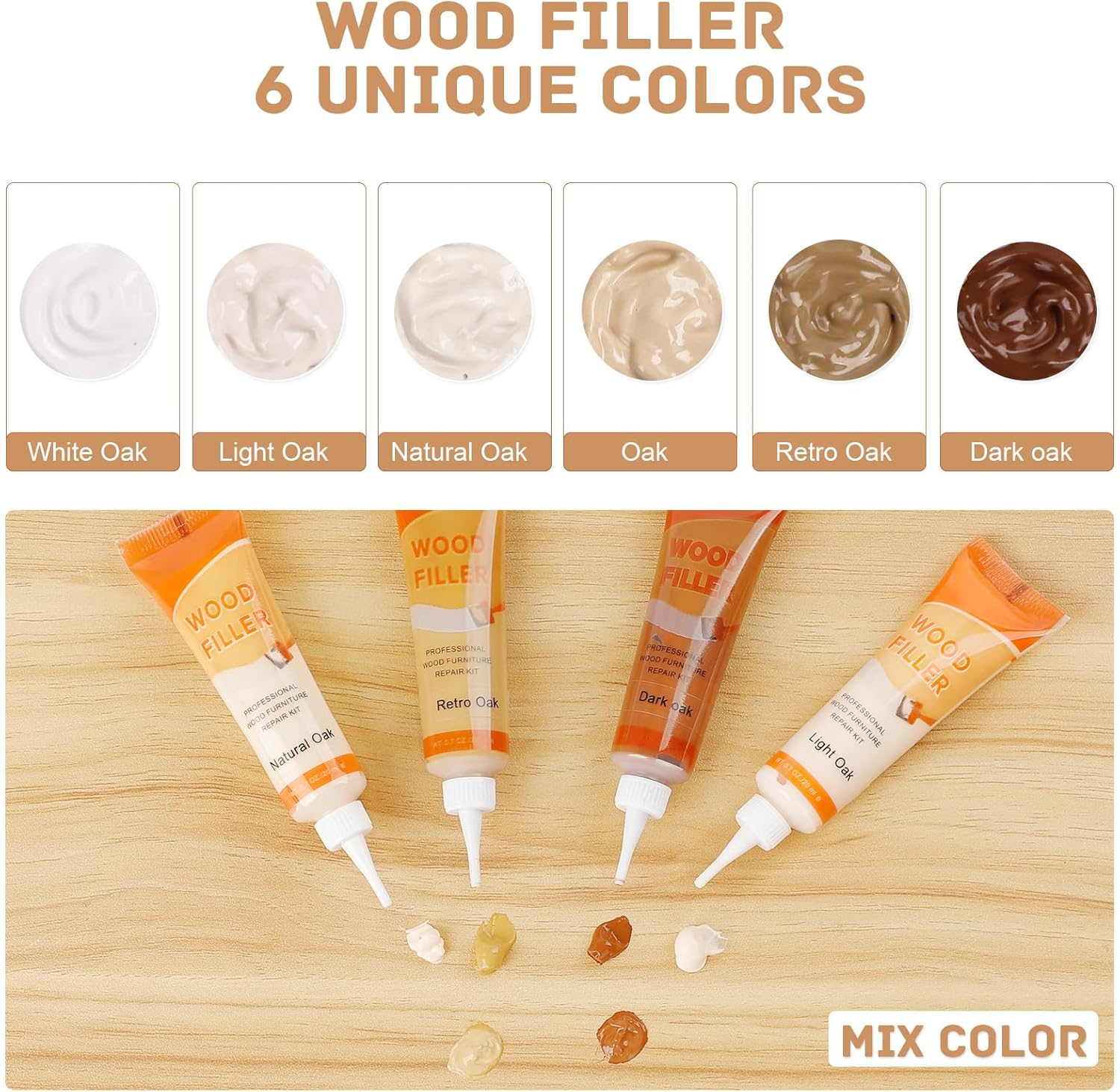 Furniture Repair Kit Wood Filler, Upgrade 6 Colors Oak Series Wood Floor Repair Kit, Filler Furniture Paint, Wood Putty & Wood Polish Repair Wood Floor, Crack, Holes, Laminate, Cabinet, Table, Oak image number 3