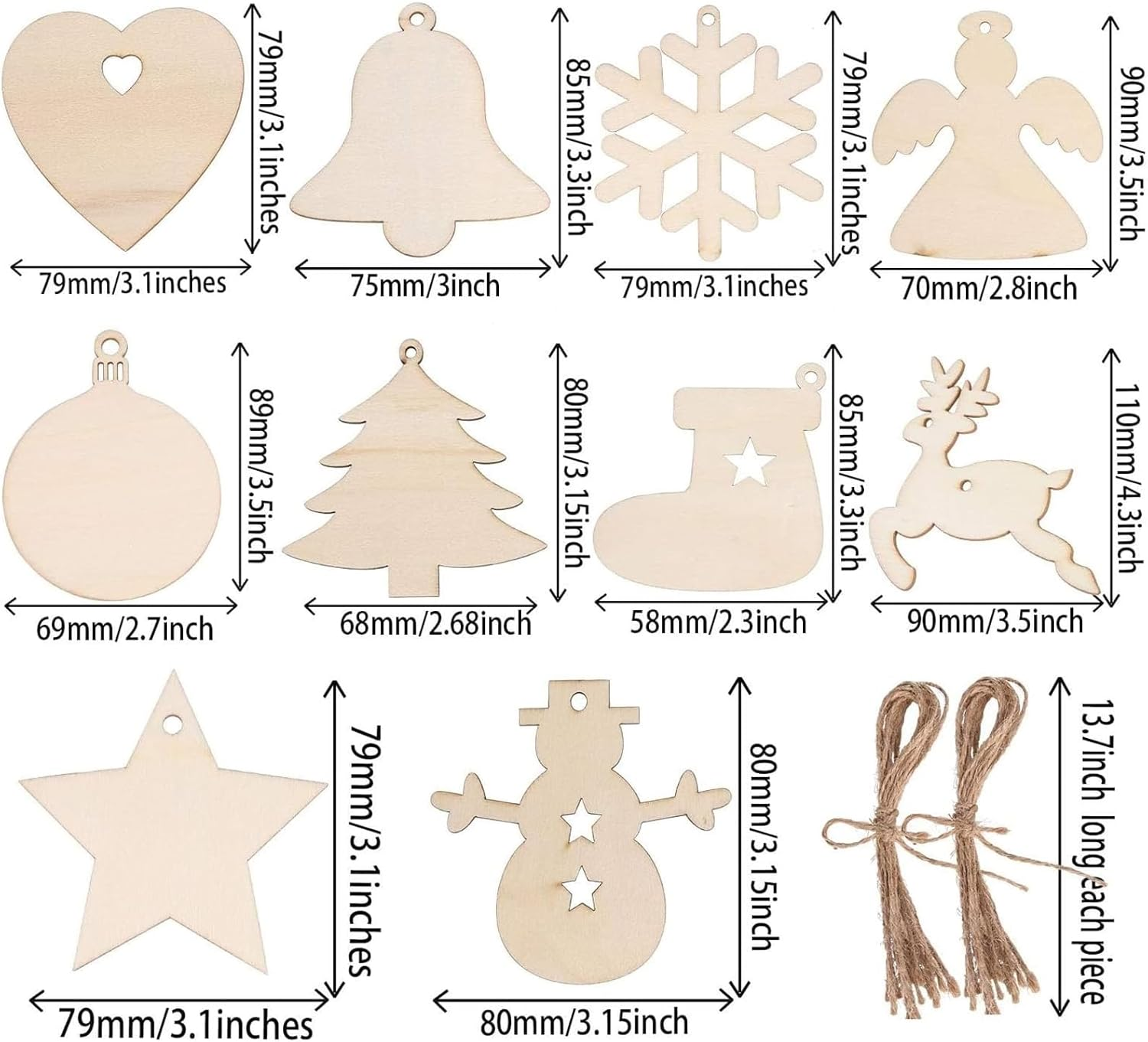 50PCS DIY Wooden Christmas Tree Ornaments Decorations, Christmas Unfinished Wooden Ornaments with Ropes for DIY Craft Making, Christmas Tree Decorations, Holiday Decoration (10 Styles) image number 1