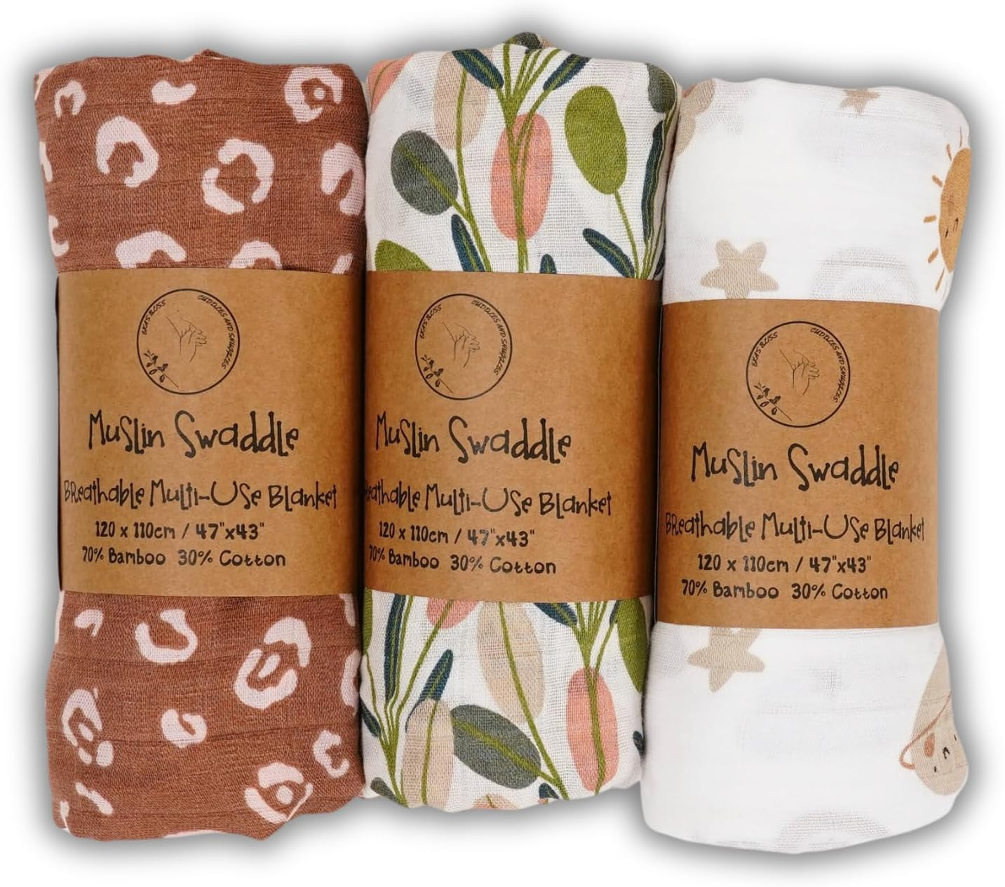 Baby Muslin Swaddling Wrap Nursery Essential for Boys and Girls 3 Pack Set Breathable Multi-Use Swaddle Blanket 70% Bamboo and 30% Cotton Super Soft Lightweight Ideal for Newborn 120X110Cm/47 X43 image number 6