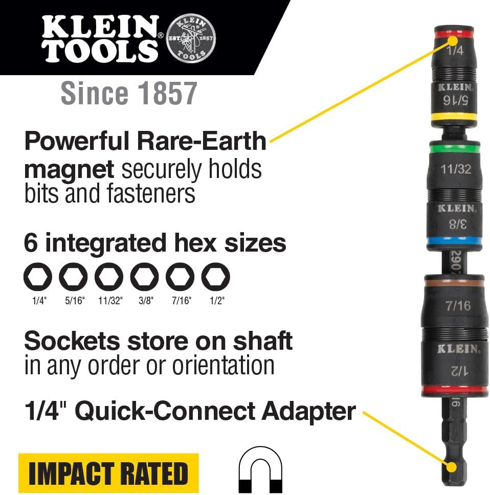 KLEIN TOOLS Impact Driver, 7-In-1 Impact Flip Socket Set, 6 Hex Driver Sizes plus a 1/4-Inch Bit Holder 32907, Black/Orange image number 1
