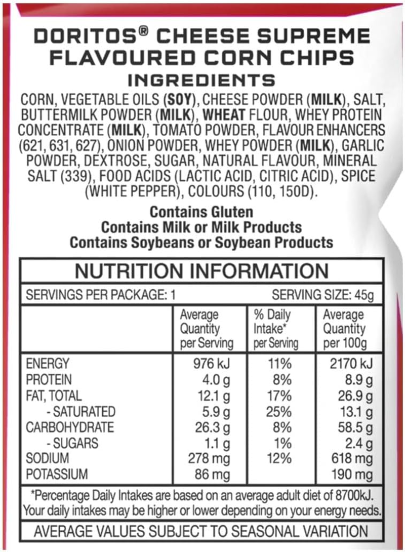 Doritos Cheese Supreme Corn Chips 18 X 45 G