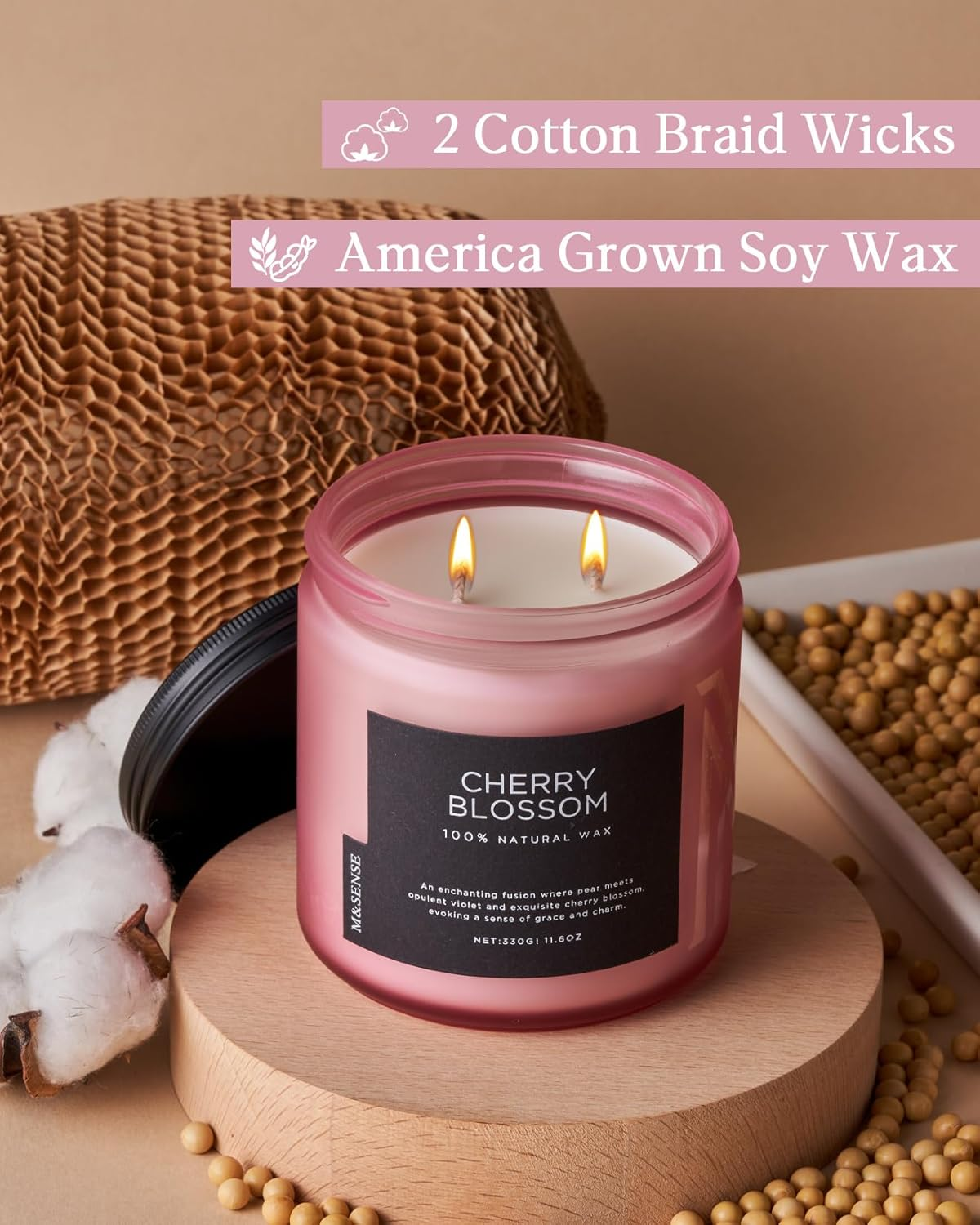 M&SENSE Cherry Blossom Scented Spring Candle, 70 Hours Long Lasting Soy Candles 11.6Oz, Stress Relief Aromatherapy Candles, Romanticcandle for Women, Glass Jar Candle Bedroom Decor image number 6