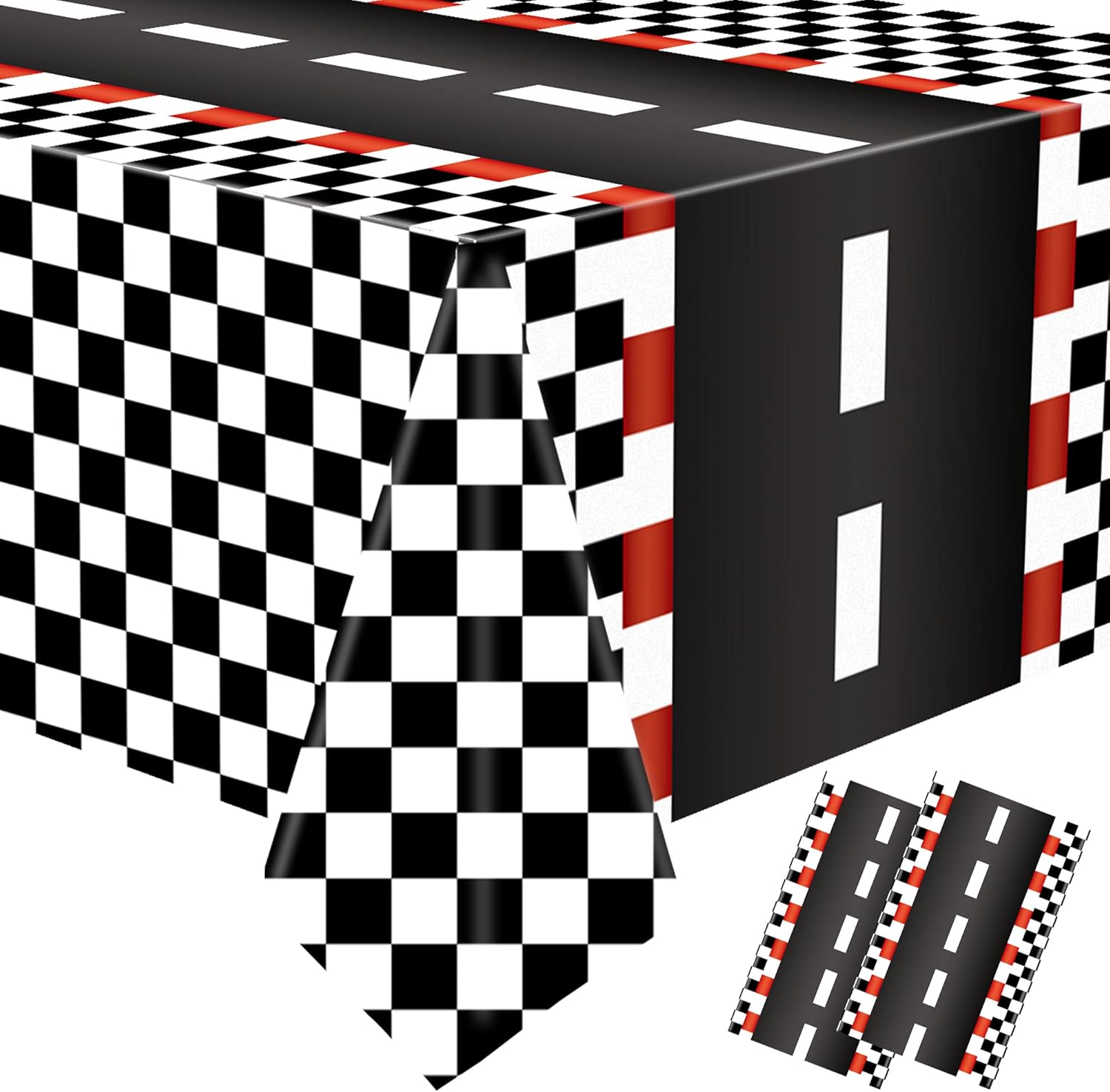 2 PCS Racing Car Plastic Tablecloths Car Theme Disposable Party Tablecloths Black Checkered Flag Table Covers Racetrack Rectangular Tablecloth for Boys Birthday Baby Shower Home Decor, 54 X 108 Inch image number 2