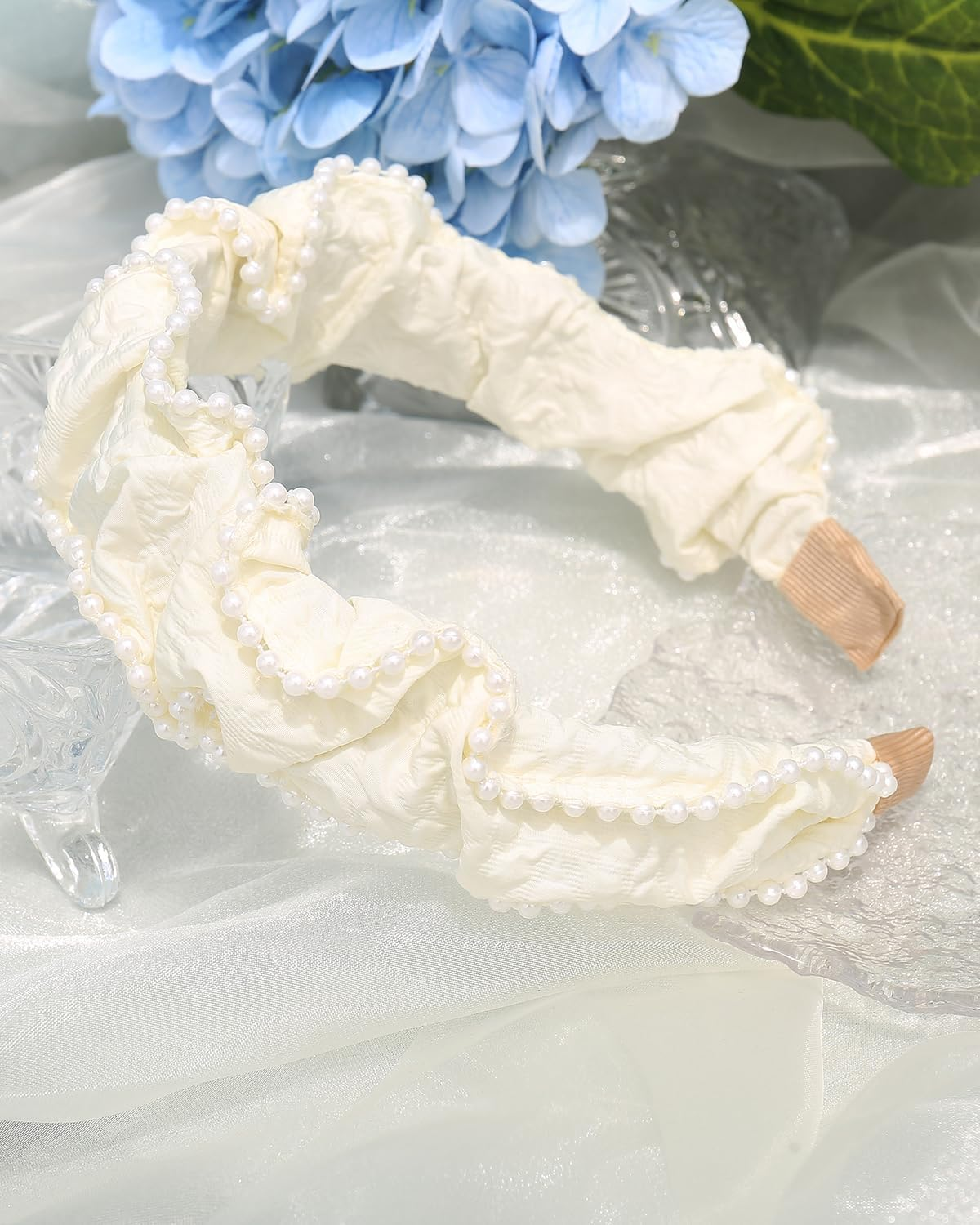 Lislic Women'S White Pearls Pleats Headbands for Women Non Slip, Boho Wide Pearl Cloth Headband, Girls Hair Accessories Christmas Gift (Cream Pleats) image number 3