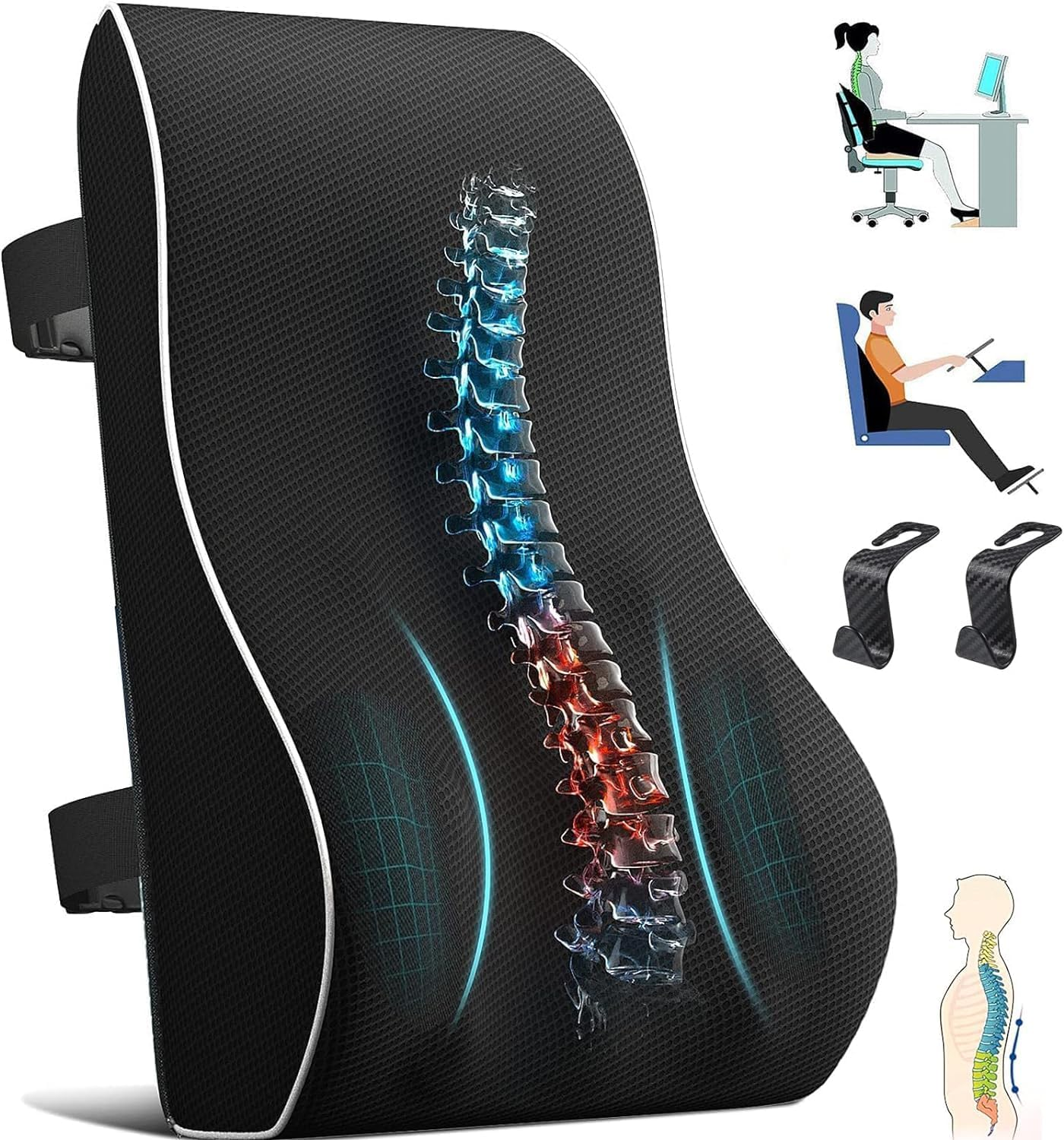 Lumbar Support Pillow for Office Chair Back Support Pillow for Car, Computer, Gaming Chair, Recliner Memory Foam Back Cushion for Back Pain Relief Improve Posture image number 1