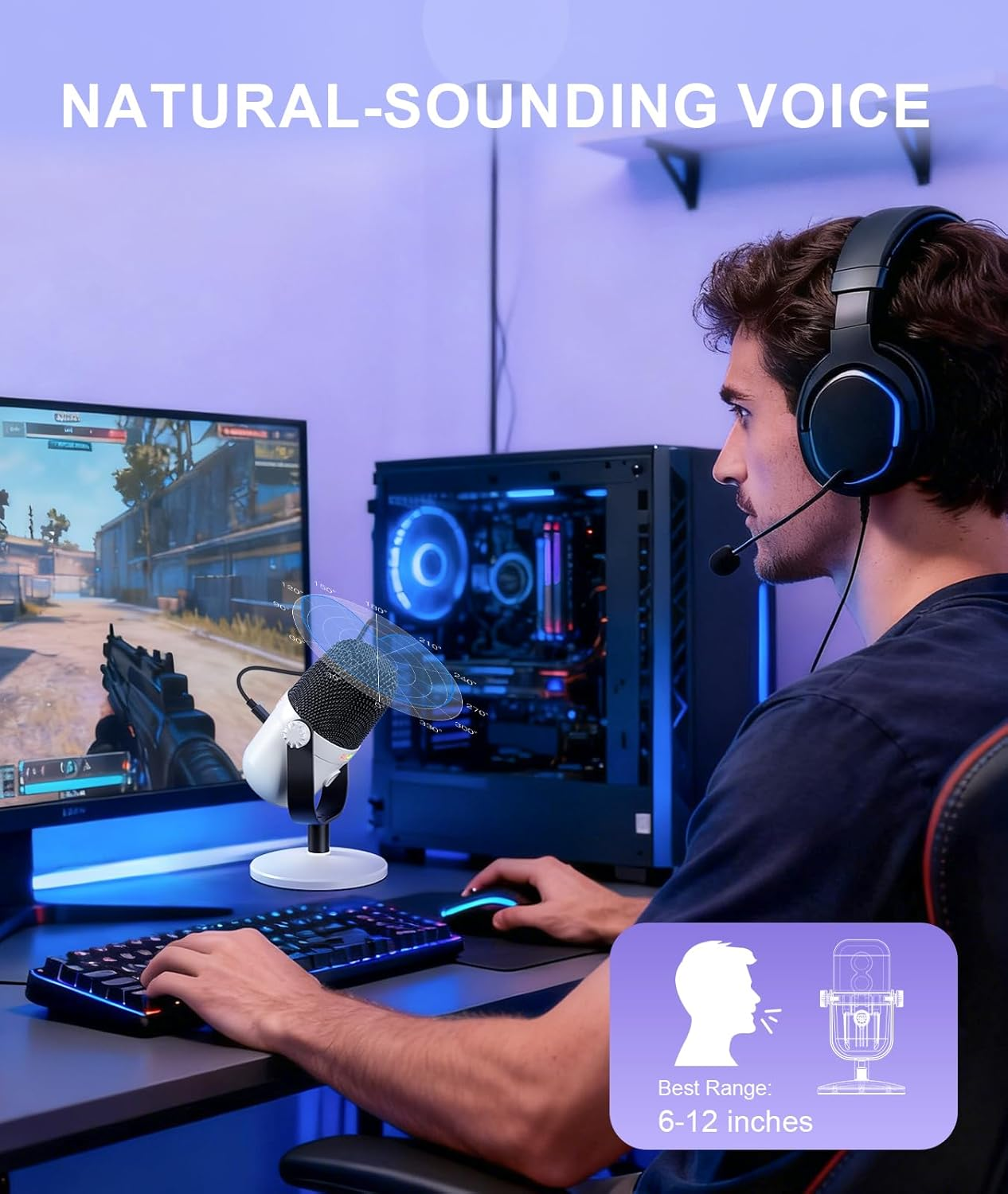 Gaming Microphone with Noise Cancellation & Mute Button, USB Condenser Mic for Streaming/Recording, Ultra-Compact Design, Compatible with Pc/Mac/Ps4/Ps5, Podcast/Youtube/Twitch/Discord (White) - Black image number 5