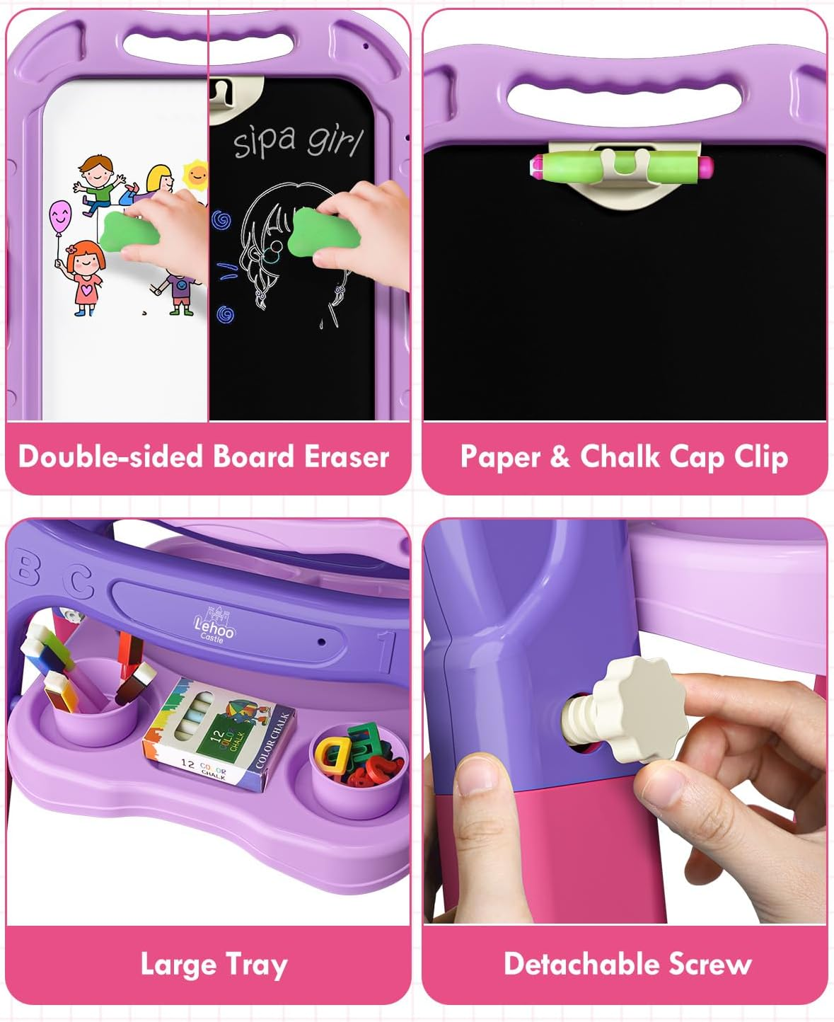 Lehoo Castle 4 in 1 Easel Set for Kids, Kids' Art Easels Height Adjustable, White & Black Board Double Side 360&deg; Rotation, Chalk and Magnet Available with Writing and Drawing Supplies (Purple)