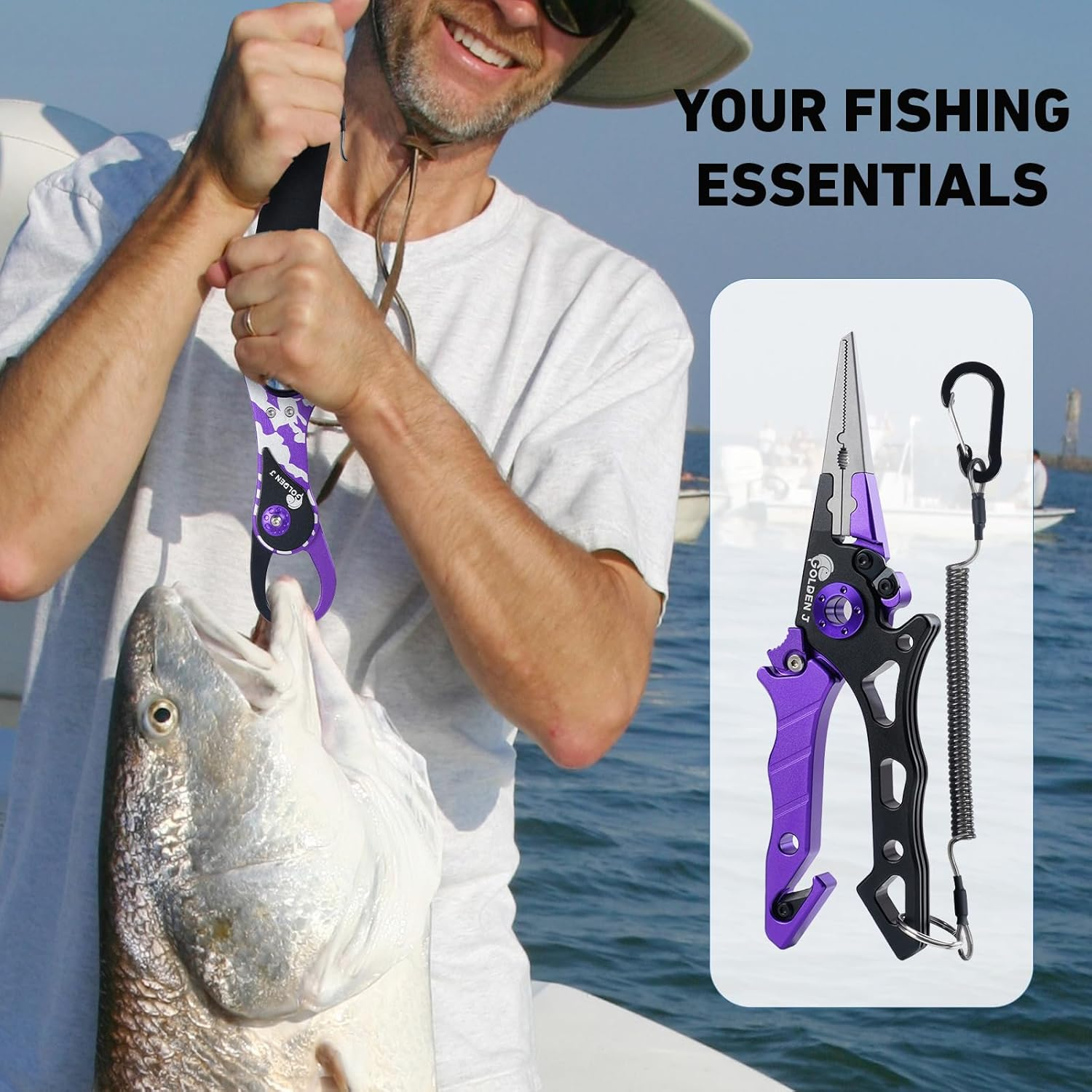Golden J Fish Lip Gripper & Multi-Function Fishing Pliers Set - High-Strength Aluminum & Stainless Steel, Hook Remover, Split Ring Pliers, Line Cutter, Ideal for Ice, Surf, Lure Fishing image number 2