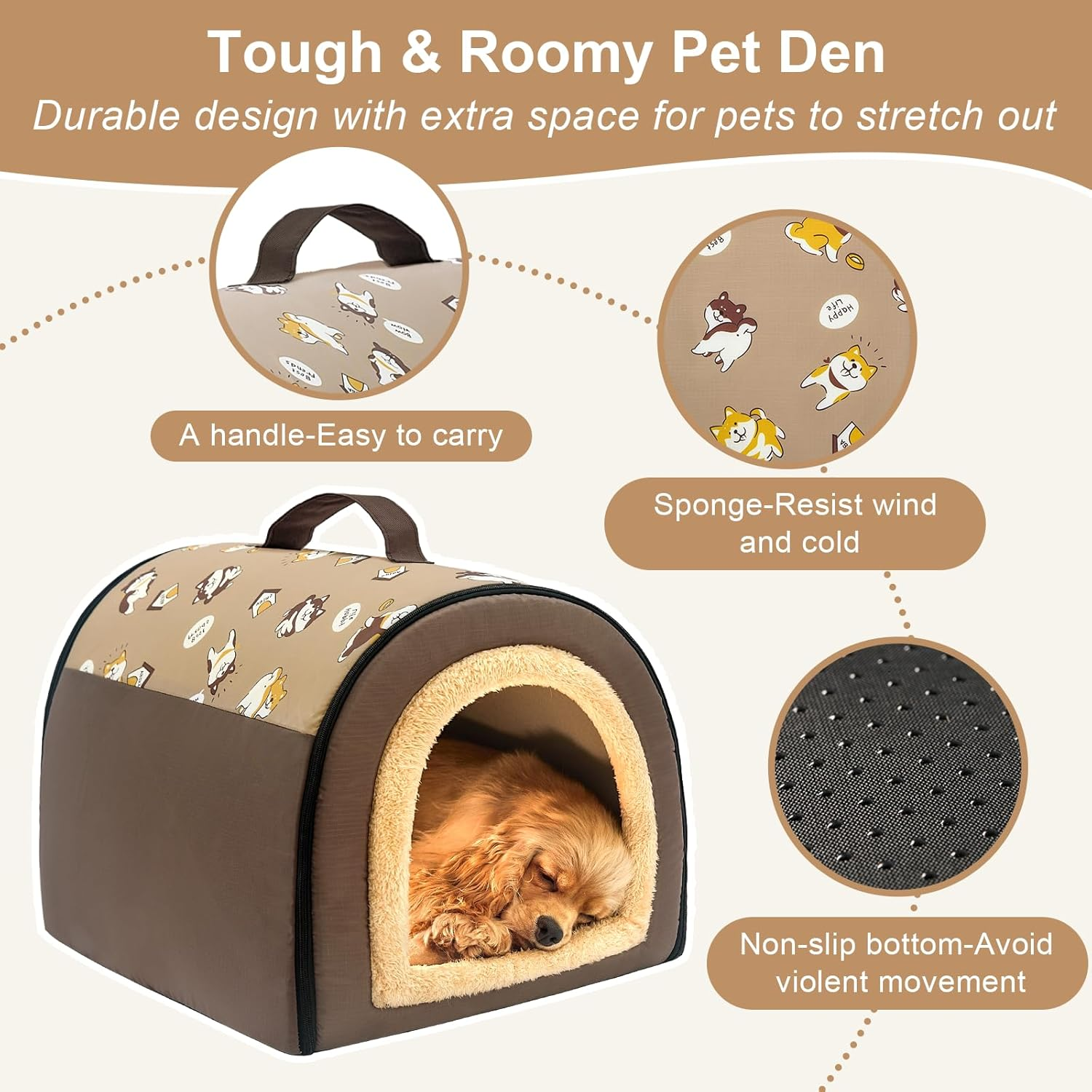 Jiupety Indoor Dog House, 2 in 1 Portable Foldable House Bed with Cover, Pet Tent & Cave Bed for Small Medium Dog, L(24"&times;18"&times;18"), up to 20 Lb, Brown