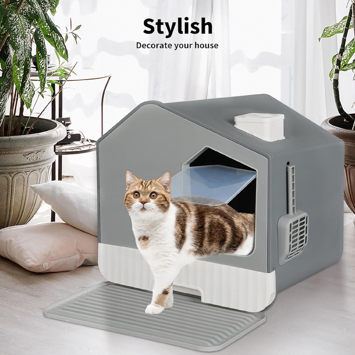 Pawz Pets Cat Litter Tray Boxes Enclosed, Spacious Kitty Litter Tray with Complementory Scoop and Drawer Design,Two-Way Door Cat Litter Box Anti-Splashing with Cat Toilet Mat, Easy Cleaning, Grey image number 3