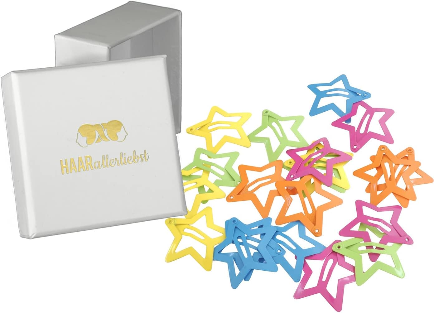 Haarallerliebst Hair Clips Mini Stars (Pack of 20, Yellow, Orange, Pink, Green, Blue, 3 Cm) with Box for Storage (Box Colour: Pink) (Box Colour: White)