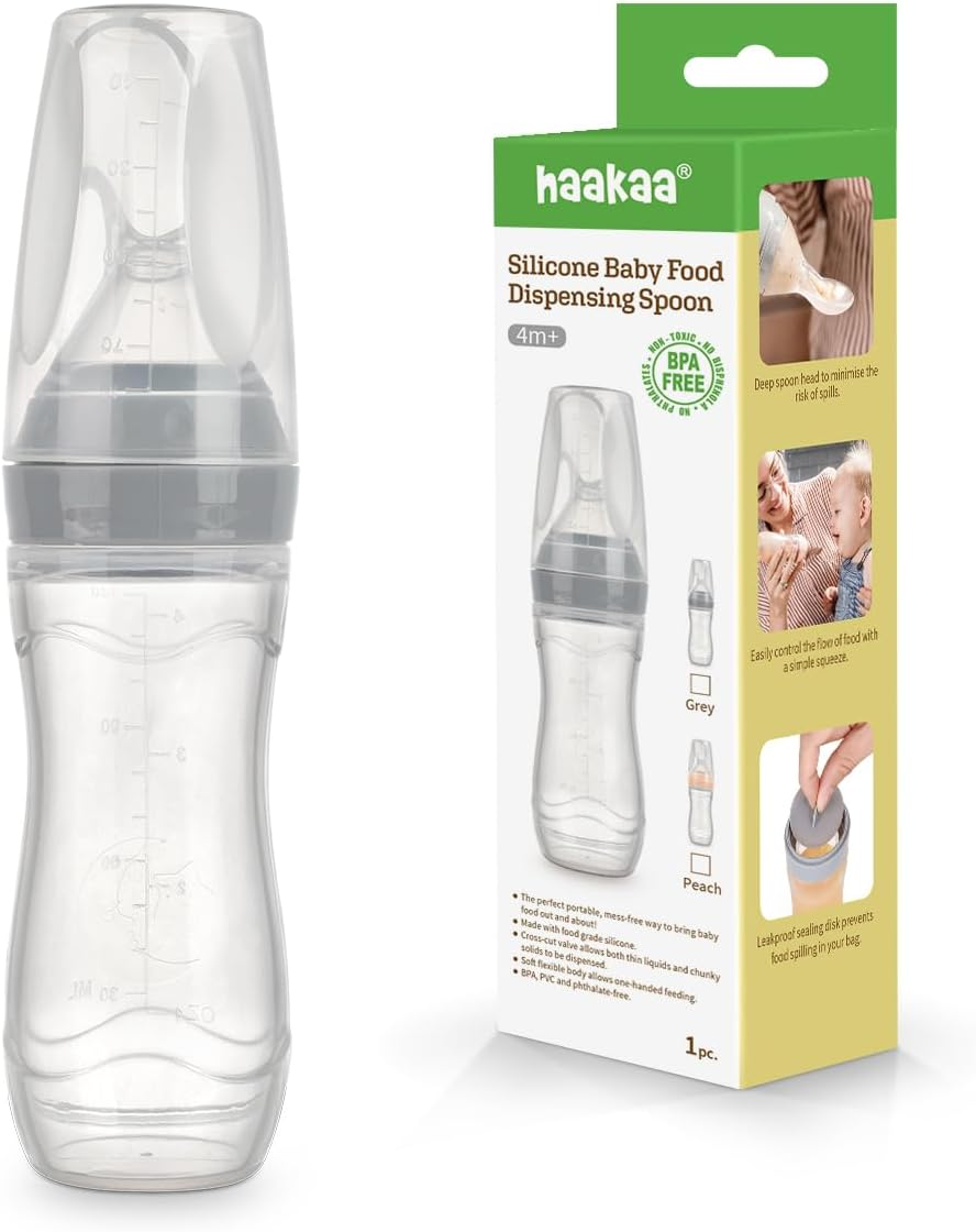 Haakaa Silicone Baby Food Dispensing Spoon Feeder 120Ml - Squeeze Spoon Feeder for Infant| Feeding Spoon for Puree,Solid Food,Smoothie - 4M+ Baby Toddler Utensil - Grey