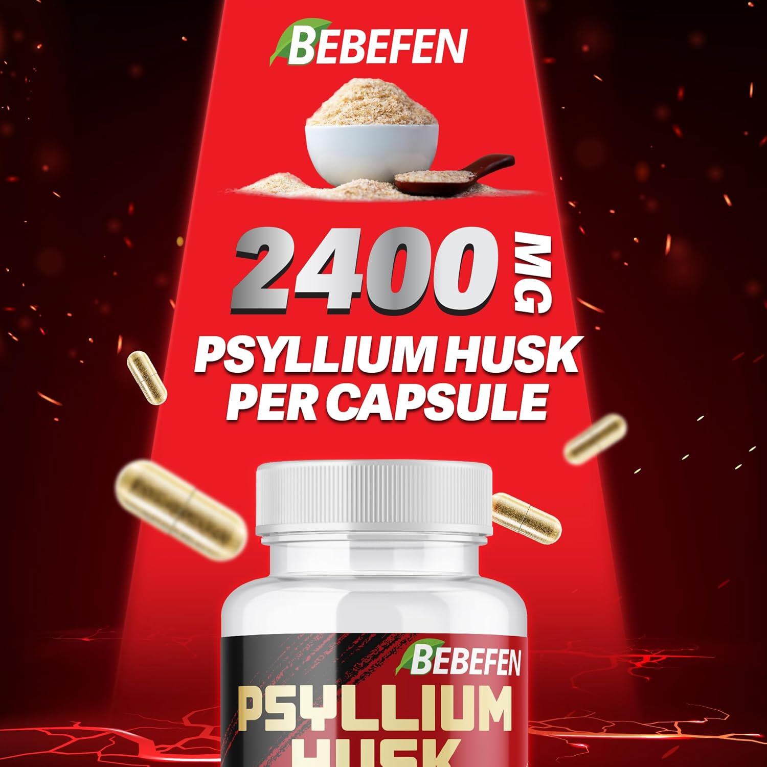 BEBEFEN Psyllium Husk Capsules 2400Mg with Black Pepper - 4 Month Supply - Non-Gmo and Gluten-Free Formula - 120 Capsules image number 1