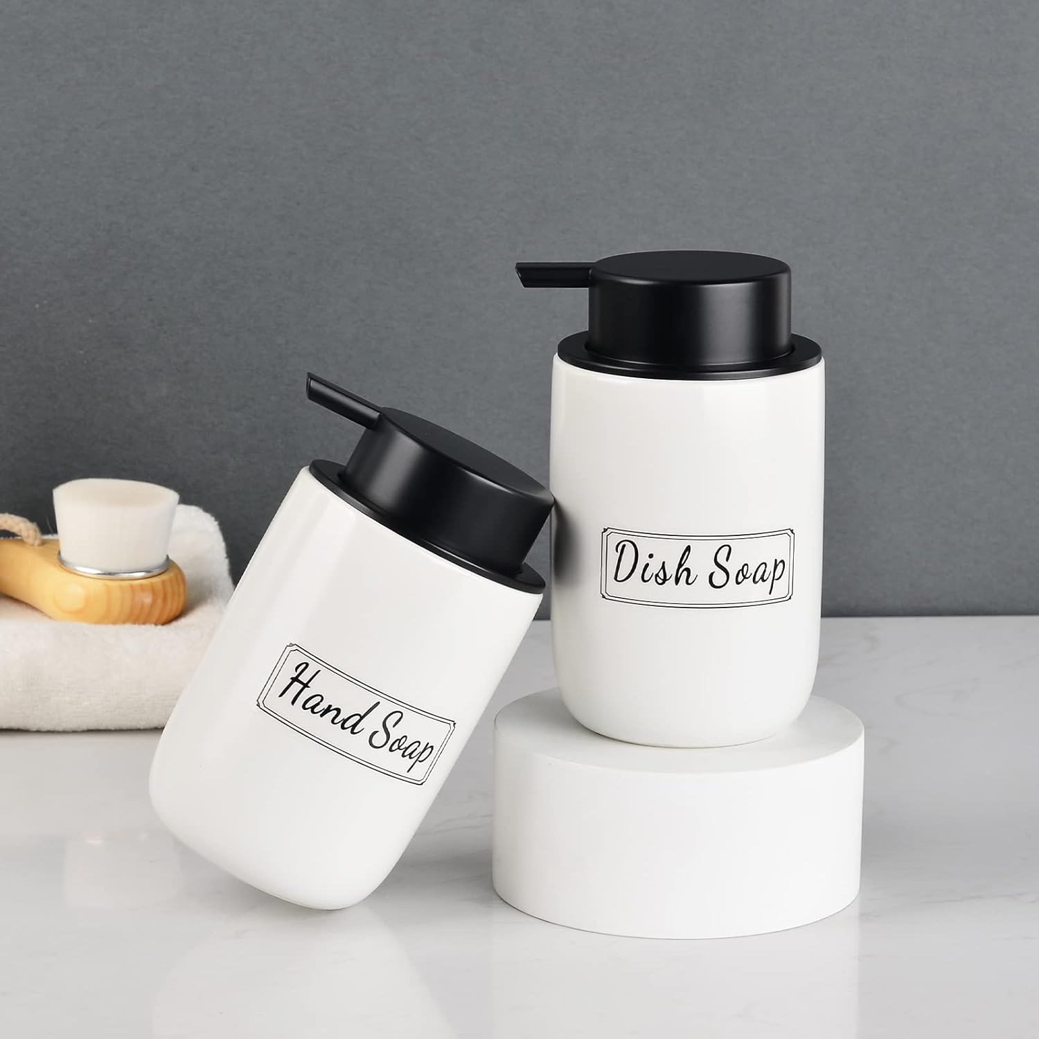 Bosilunlife White Soap Dispenser Set - 2 Pack 12Oz Ceramic Dish Soap Dispenser with Rust Proof Pump for Kitchen, Hand Soap and Lotion Set Suitable for Farmhouse Bathroom Decor with Waterproof Labels image number 4