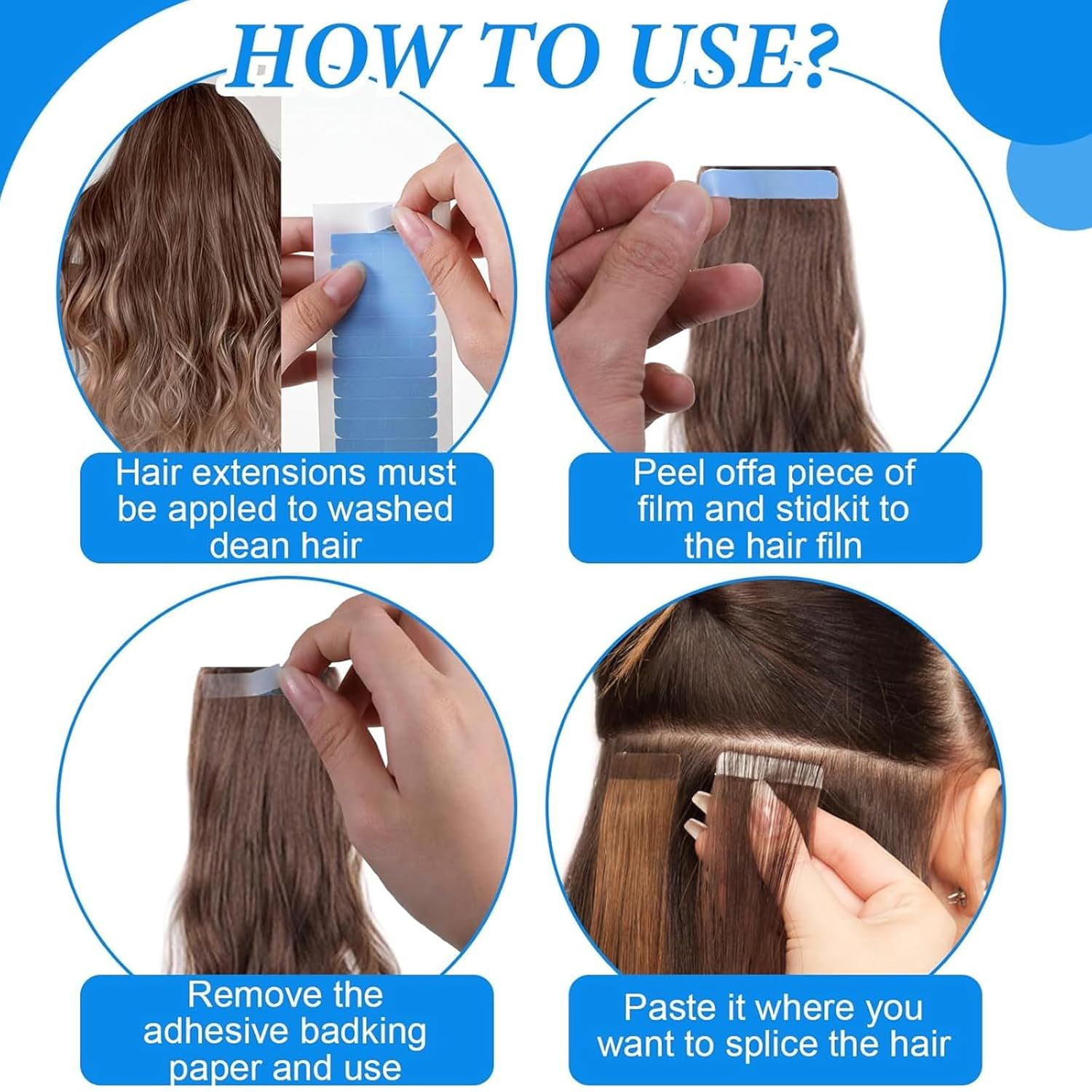 Kzvsiy 10 Sheets/120 Pieces Hair Extension Tape Tabs, Double-Sided Adhesive Replacement Tape for Human Hair Extensions and Wigs, High-Adhesion Transparent Tape for Hair Wefts and Beauty Tools (Blue) image number 6