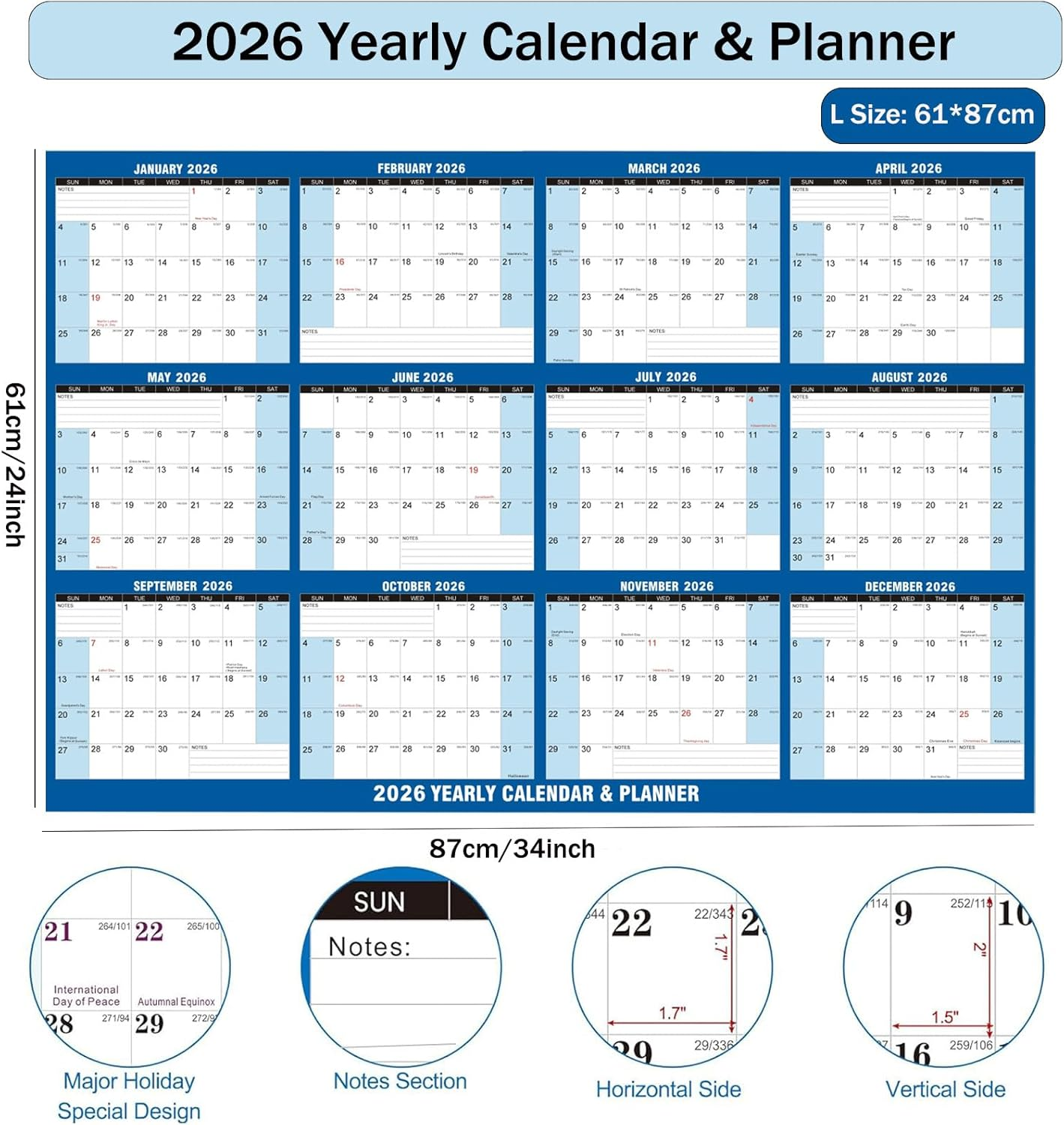 Wall Calendar 2026，61 X 87 Cm Large Dry Erase Year Calendar with Stickers & Marker,Wet & Dry Erasable Laminated 12 Month Annual Yearly Planner, Reversible, Horizontal/Vertical image number 1
