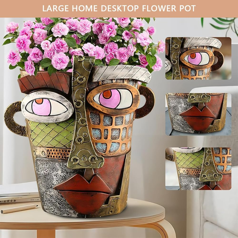 HYAVIA Handmade Abstract Picasso Face Planter &ndash; Brutalist Resin Head Flower Pot, Colorful Art Planter for Indoor and Outdoor Plants, Unique Room Decor (Retro Style) image number 2