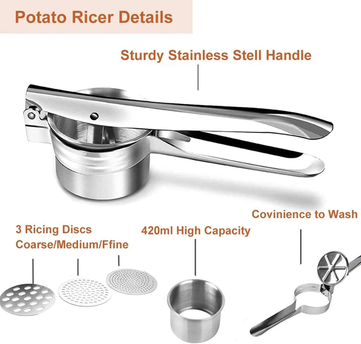 EZONEDEAL Stainless Steel Potato Ricer Heavy Duty Potatoes Masher with 3 Interchangeable Discs, Premium Grade Large Capacity Vegetable and Fruit Ricer for Purees,Fruit Juicer,Baby Food Press Squeezer image number 2