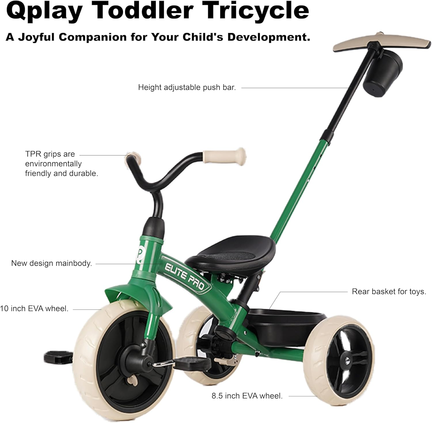 Qplay Toddler Tricycles for 2 to 6 Year Olds-2 in 1 Kid'S Trikes Bike with Push Handles Adjustable & Removable, Push Bike with Toy Storage Basket for Boys & Girls Tricycle Gift (Green) image number 3