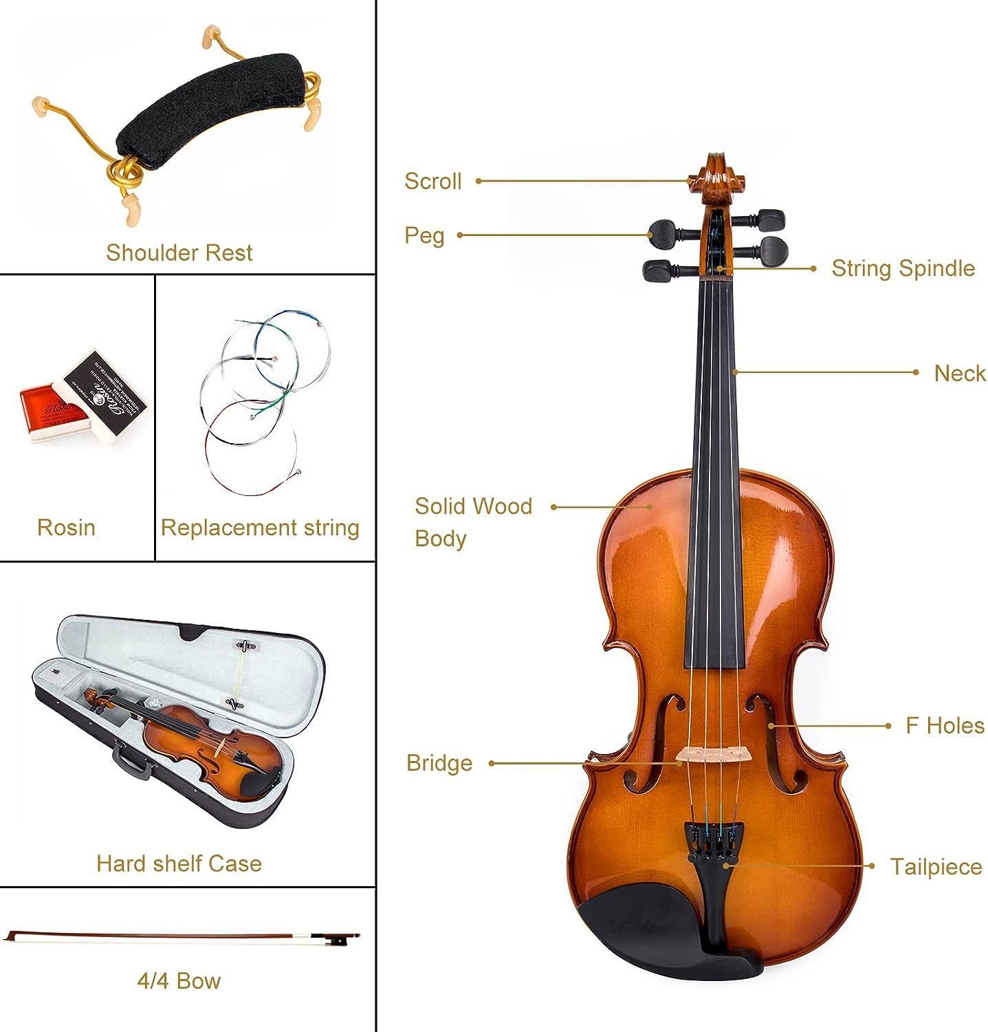 Kmise 4/4 Full Size Set, 4 Solid Wood Fiddle for Adults Beginners Students Kids, with Hard Case with Hygrometer, Violin Bow, Shoulder Rest, Extra Strings (MI3415) image number 6