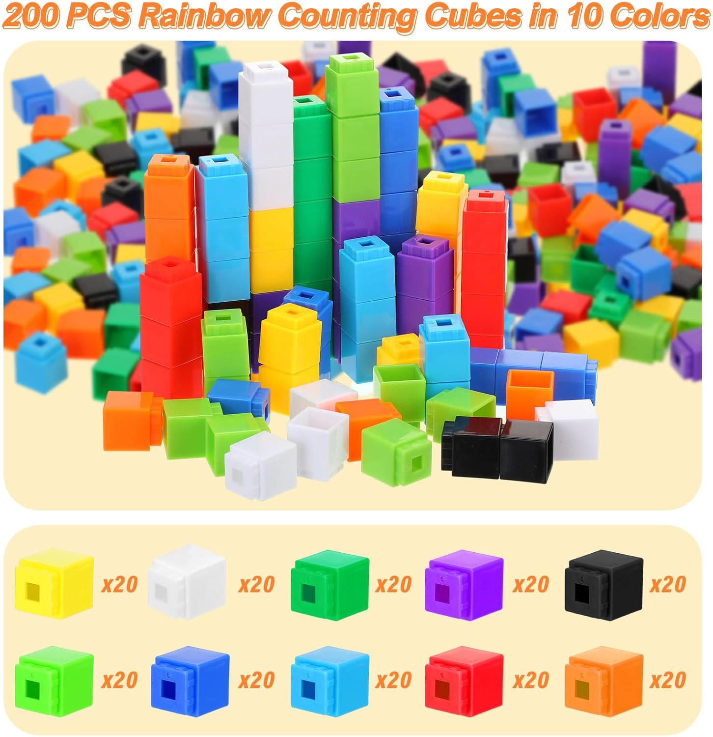 Jenaai 200 Pieces Linking Counting Cubes - Plastic Math Blocks, Colorful Manipulatives for Classroom Learning, Preschool Activities for Boys and Girls (Simple Style) image number 4