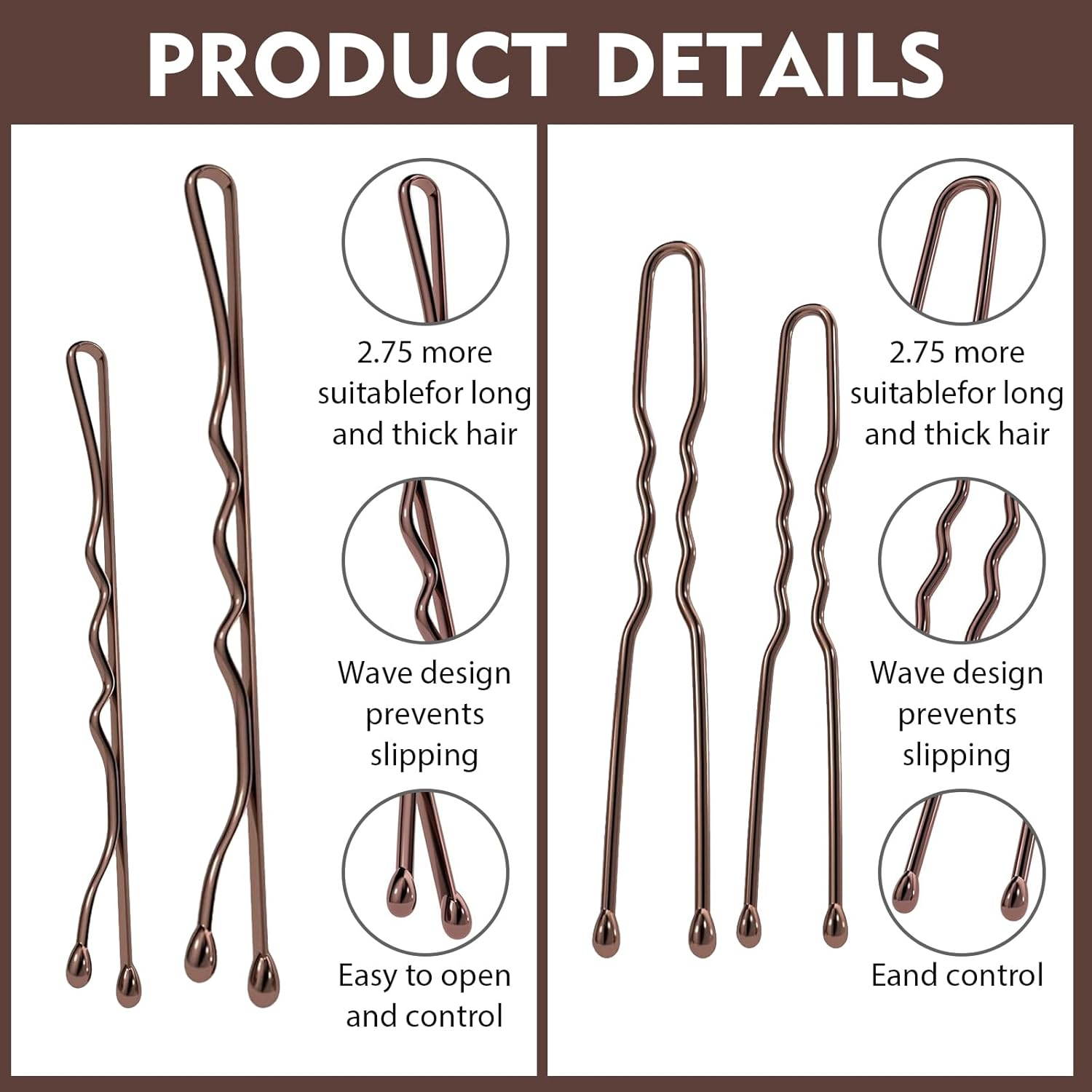 328 Piece Hair Pins Small Bobby Pins Set - 104 U-Shaped Hair Pins, 104 Bobby Pins, 100 Rubber Bands, 15 Hair Net Bun, 5 Scrunchies, Hairstyle Accessories for Girls with Storage Box (Coffee Brown) image number 3