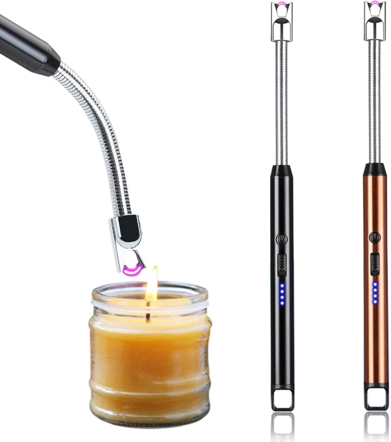 Electric Lighter, 2 Pack of USB Rechargeable Candle Lighter with Flexible Neck, 8.1-Inch Arc Lighter with LED Battery Indicator and Safety Switch for Candle, Kitchen,Grill,Camping (Black+Silver)