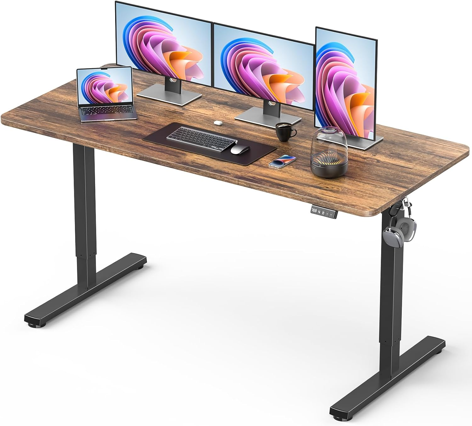 Standing Desk, Large Height Adjustable Electric Stand up Desk, 140X60Cm Sit Stand Home Office Desk, with Splice Board, Black Frame/Rustic Brown Top image number 6