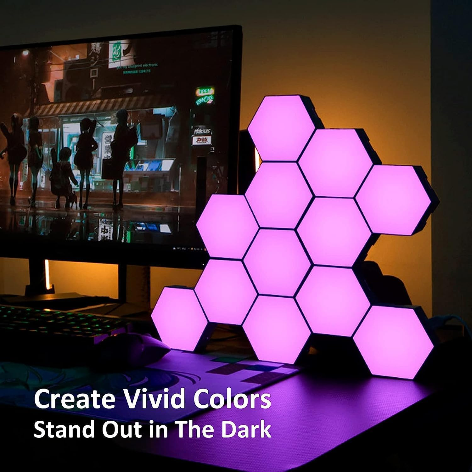 Hexagon Lights Remote Controlled, RGB LED Wall Lights Modular Light Panels Touch-Sensitive, DIY Geometric Gaming Lights with Stand, Infinitely Splicing for Gaming Room Living Room Bedroom TV, 6 Pack image number 2