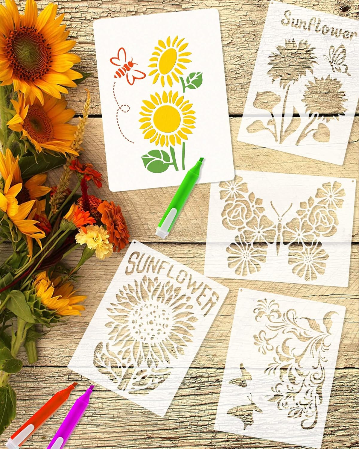 9PCS Sunflower Butterflies Stencils, Reusable PET Sun Flower Template, DIY Craft Paint Stencil with Metal Open Ring, for Painting on Wood Canvas Paper Fabric Wall Furniture, 8X11 Inches image number 2