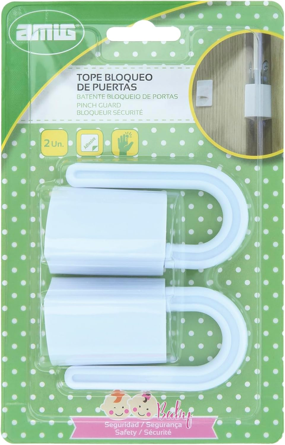 Amig - Pack of 2 Door Stoppers for Hanging Hinges, Blocks the Door and Prevents Unwanted Locks, Includes Adhesive Holder for Hanging When Not in Use, White image number 3