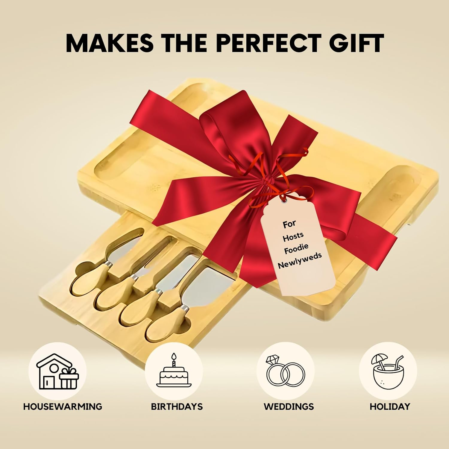 Premium Bamboo Cheese Board Gift Set Large Charcuterie Board with Slide-Out Drawer, Stainless Steel Knives & Accessories Ideal Gift - Housewarming, Weddings, Parties Present for Wife, Mum image number 2