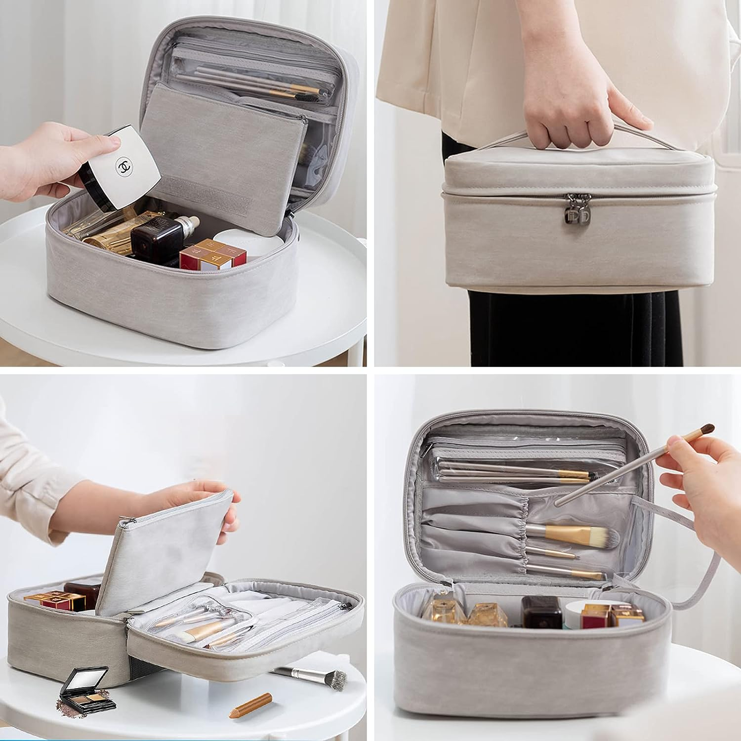 Makeup Bag Cosmetic Bag, 1+1 Travel Makeup Organizer with Makeup Brushes Compartment, 9 X 6Inch Multifunctional Toiletry Bag Portable Waterproof Make up Pouch for Women Girls (Grey) image number 4