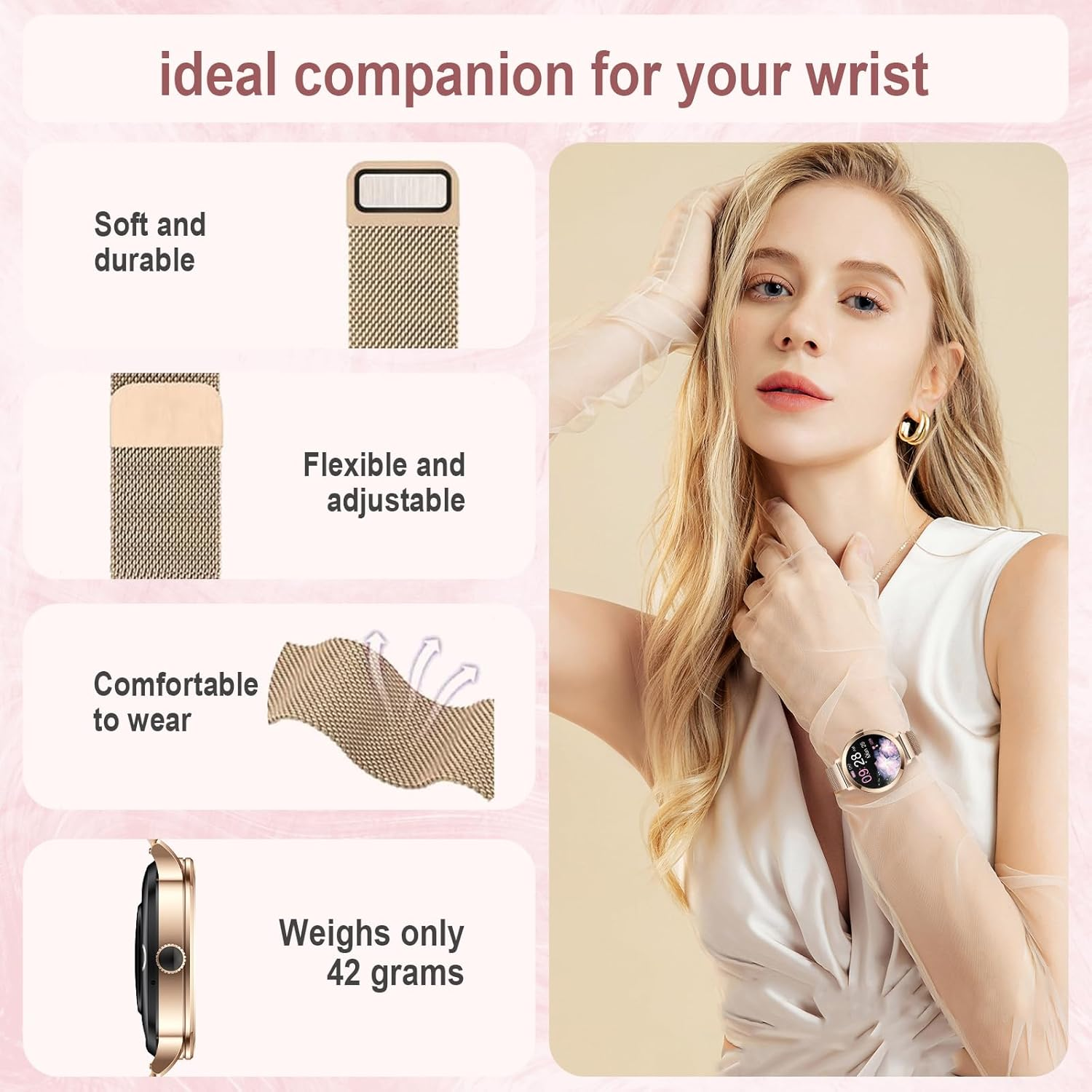 Smart Watches for Women(Answer/Make Call), 1.1&rdquo;HD AMOLED Screen Bluetooth Smartwatch for Android Ios Phones, IP68 Waterproof Fitness Activity Trackers with Heart Rate/Spo2/Blood Pressure/Sleep Monitor image number 1