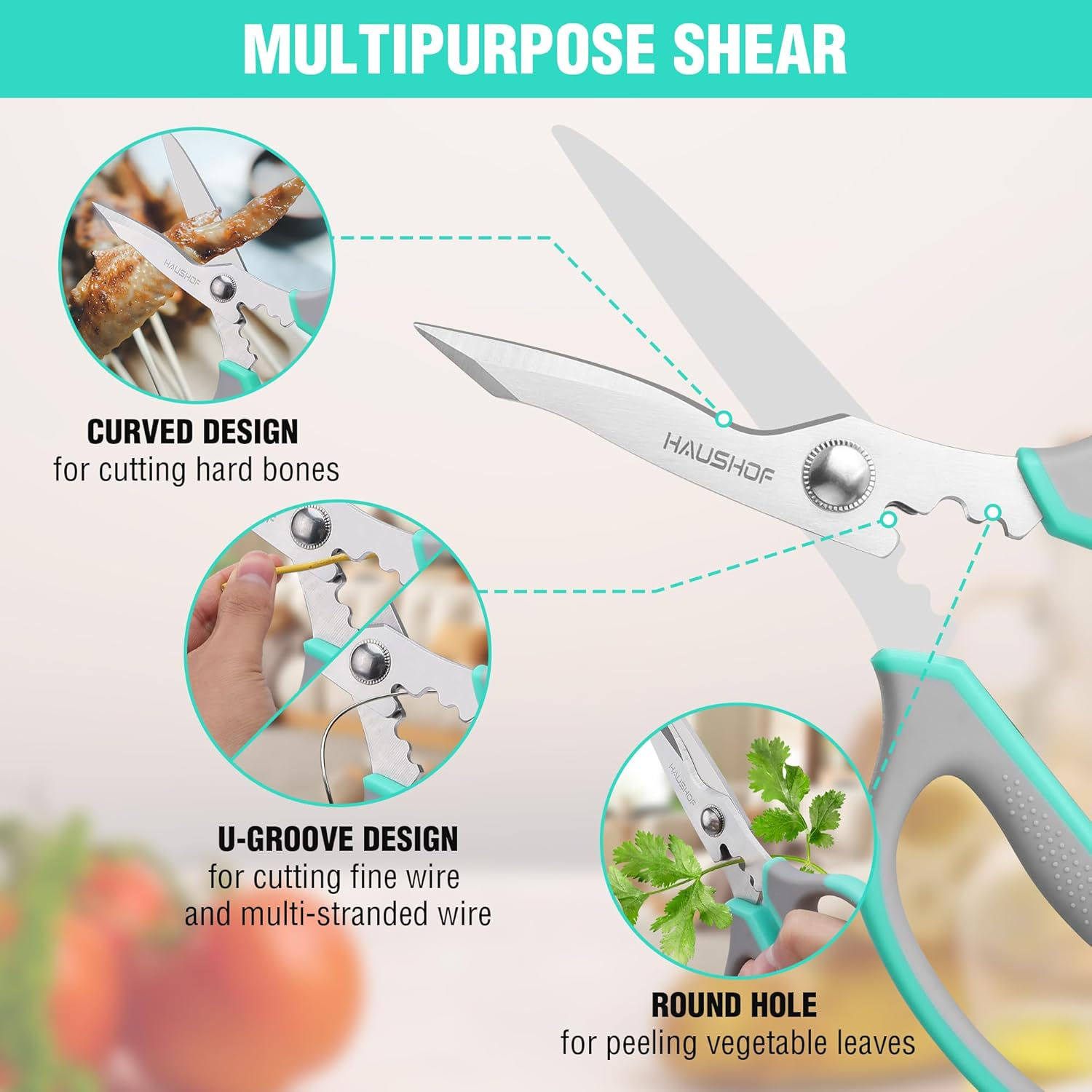 HAUSHOF Kitchen Scissors for Food, Heavy Duty Kitchen Shears, Stainless Steel Sharp Food Scissors with Soft Grip, U-Groove Design, 8-1/4" Kitchen Scissors All Purpose for Meat, Vegetables, Bones image number 3