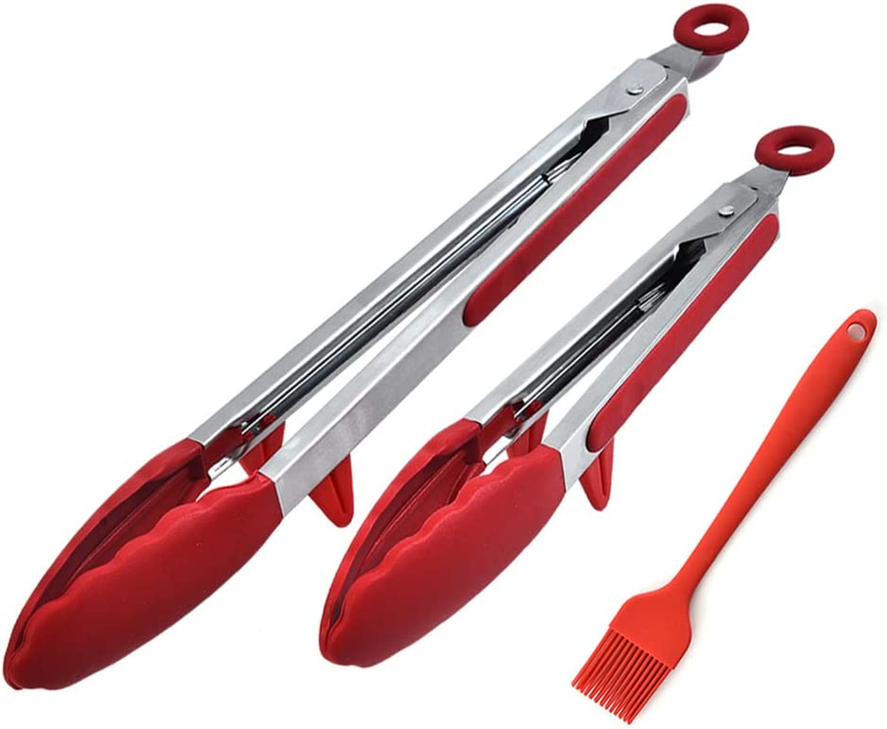 Kitchen Tongs for Cooking with Silicone Tips, Premium Stainless Steel Locking Kitchen Tongs with Stand for Baking, BBQ and Salad (12-Inch & 9-Inch Tong, plus 8-Inch Pastry Brush, Red) image number 3