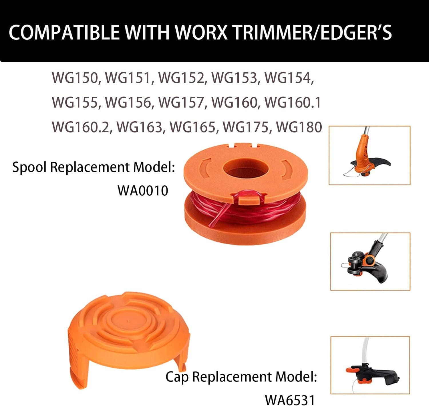 WA0004/WA0010 Worx Replacement Trimmer Spools, 0.065" Weed Eater Lines Caps for Worx String Trimmer Weed Eater WG154 WG163 WG160 WG180 WG175 WG155 WG151 (12 Spools + 2 Caps)