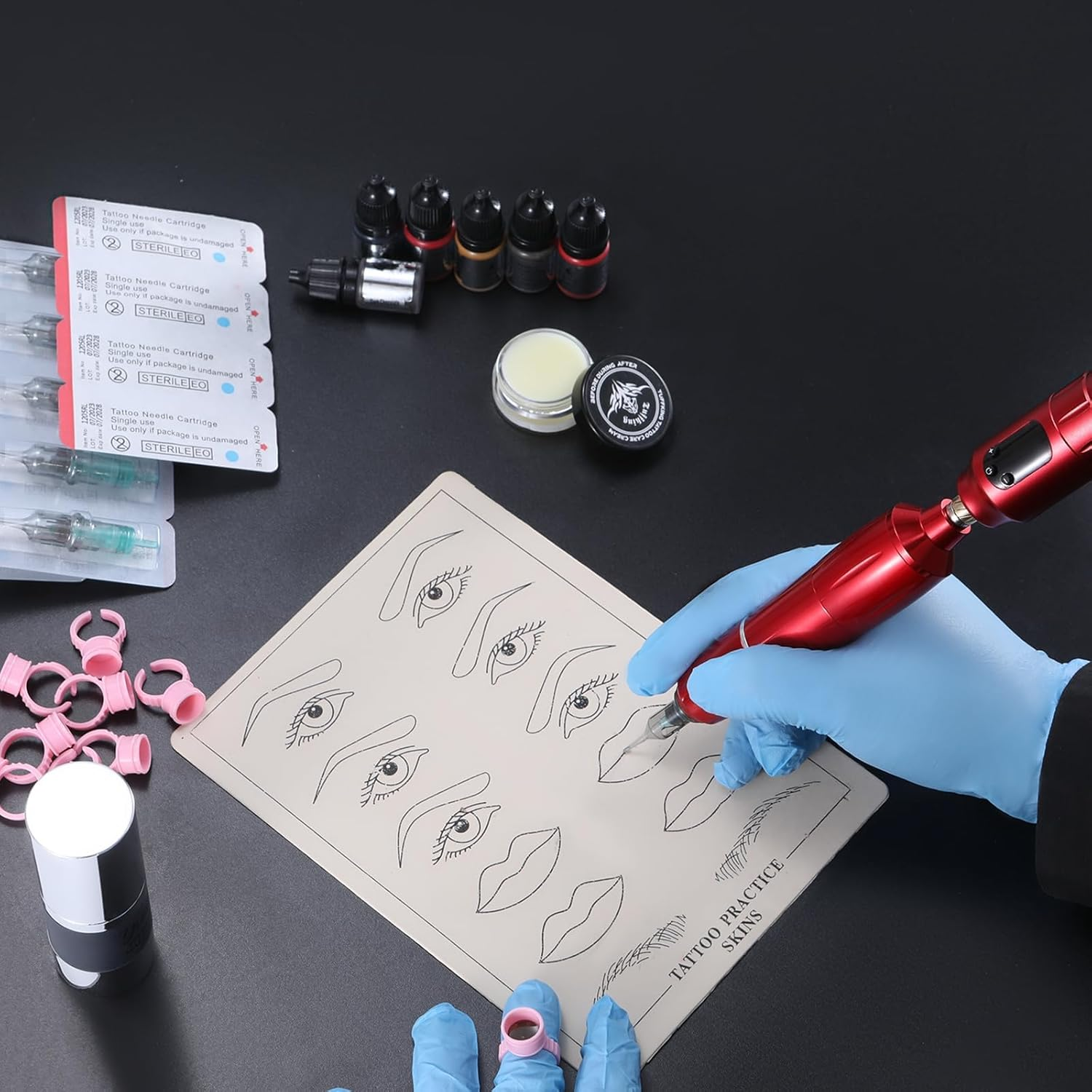 Eyebrow Microblading Tattoo Gun Kit - Professional Tattoo Pen & Brow Pencil Set for Microblading Supply, Semi-Permanent Makeup Tattoo Machine with 1,300 Mah, 50Pcs Needles for Artists Starter (Red, TP39) image number 5