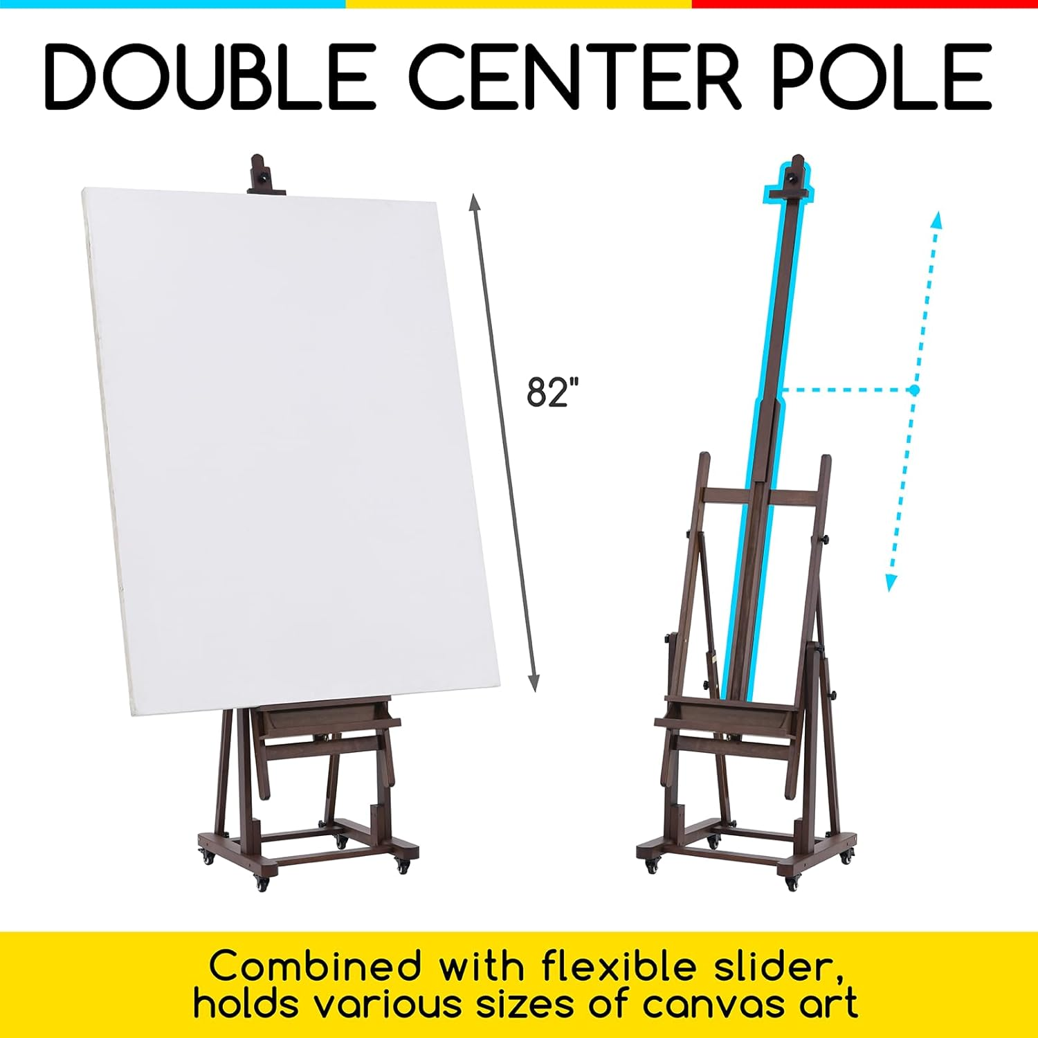 MEEDEN Extra Large H-Frame Studio Easel - Solid Beech Wooden Artist Professional Heavy-Duty Easel, Painting Art Easel Stand with 4 Premium Locking Silent Caster Wheels, Hold Max 82", Classic Walnut