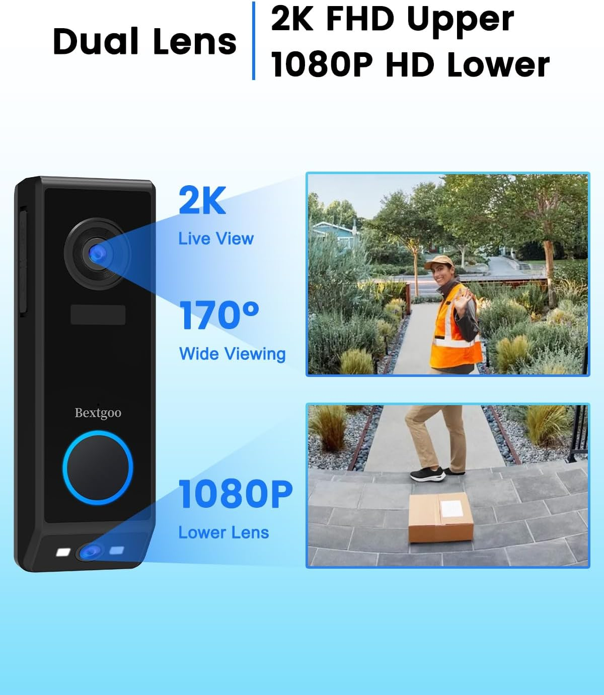 Dual-Lens Doorbell Camera Wireless, Bextgoo 2K Video Doorbell with 10000Mah Battery, Dual Security Cameras for AI Motion Detection Alerts, 170&deg; Wide View, Cable or Battery Operated, Night Vision, IP67