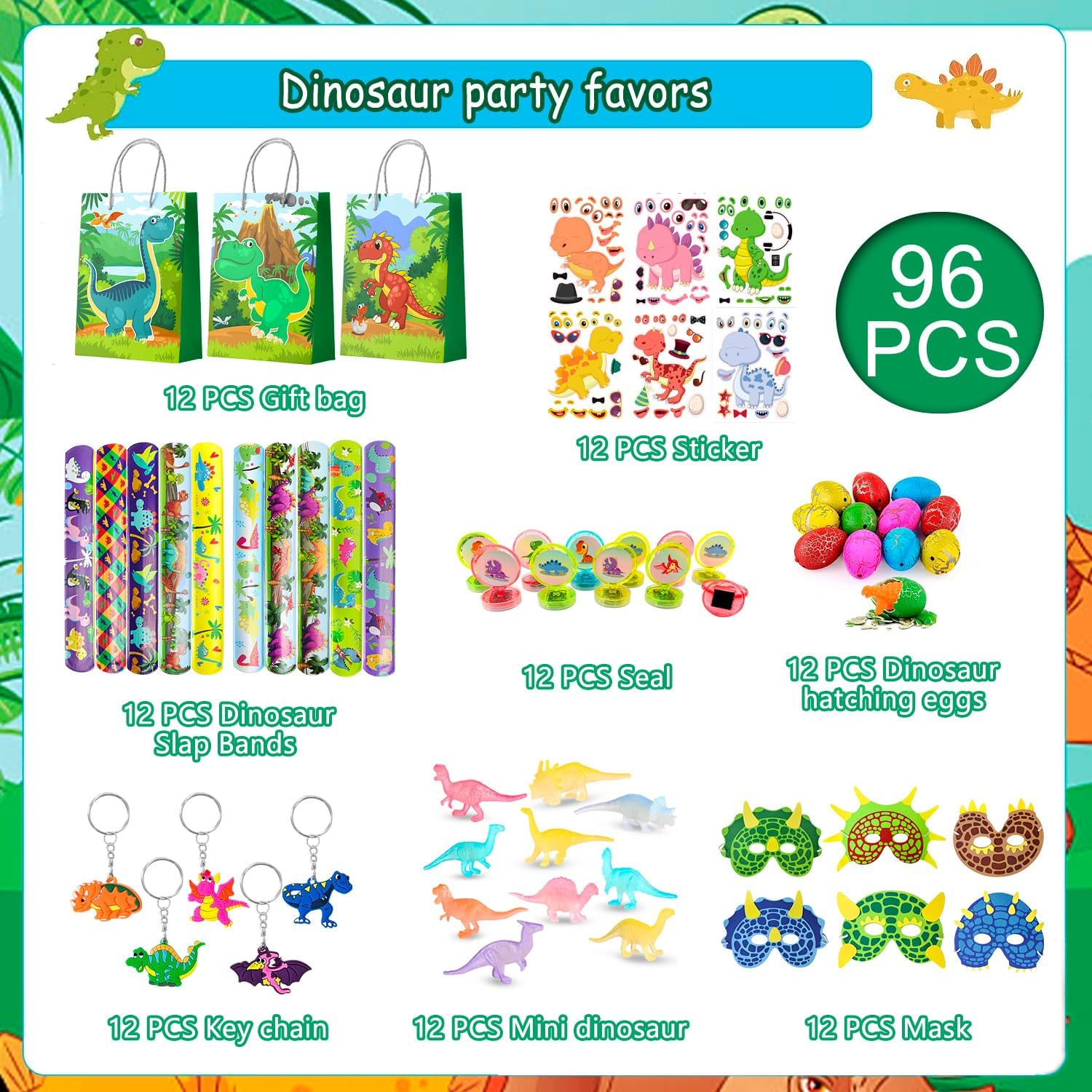 96Pcs Dinosaur Party Favors for Kids All-In-One Dinosaur Birthday Party Favors Set Dino Party Favor Bags Keychains Stampers Stickers Toys Clap Bracelets Etc Dinosaur Birthday Party Supplies