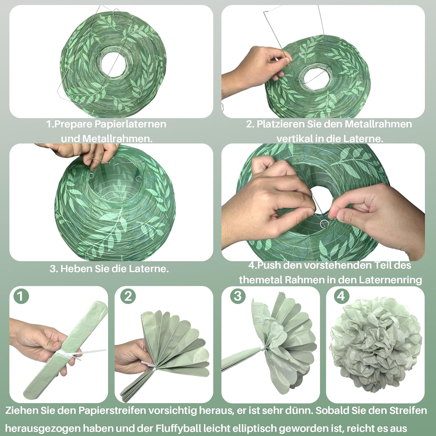 Pack of 12 Paper Lanterns Set Party Decoration in Green, Pink, Gold & White round Paper Lanterns Pompoms for Bride, Lampshade, Birthday Party, Engagement, Wedding, Party