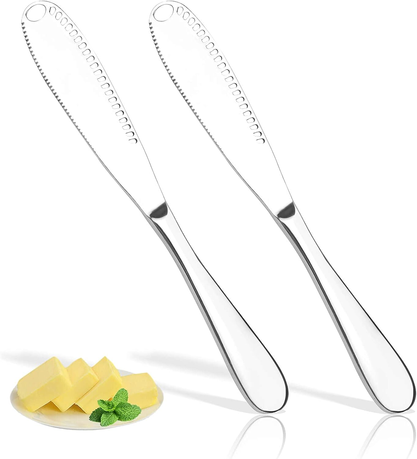 2 Pack Stainless Steel Butter Spreader Knife, 3 in 1 Multi-Function Butter Curler & Spreader with Serrated Edge for Butter Cheese Jams Jelly